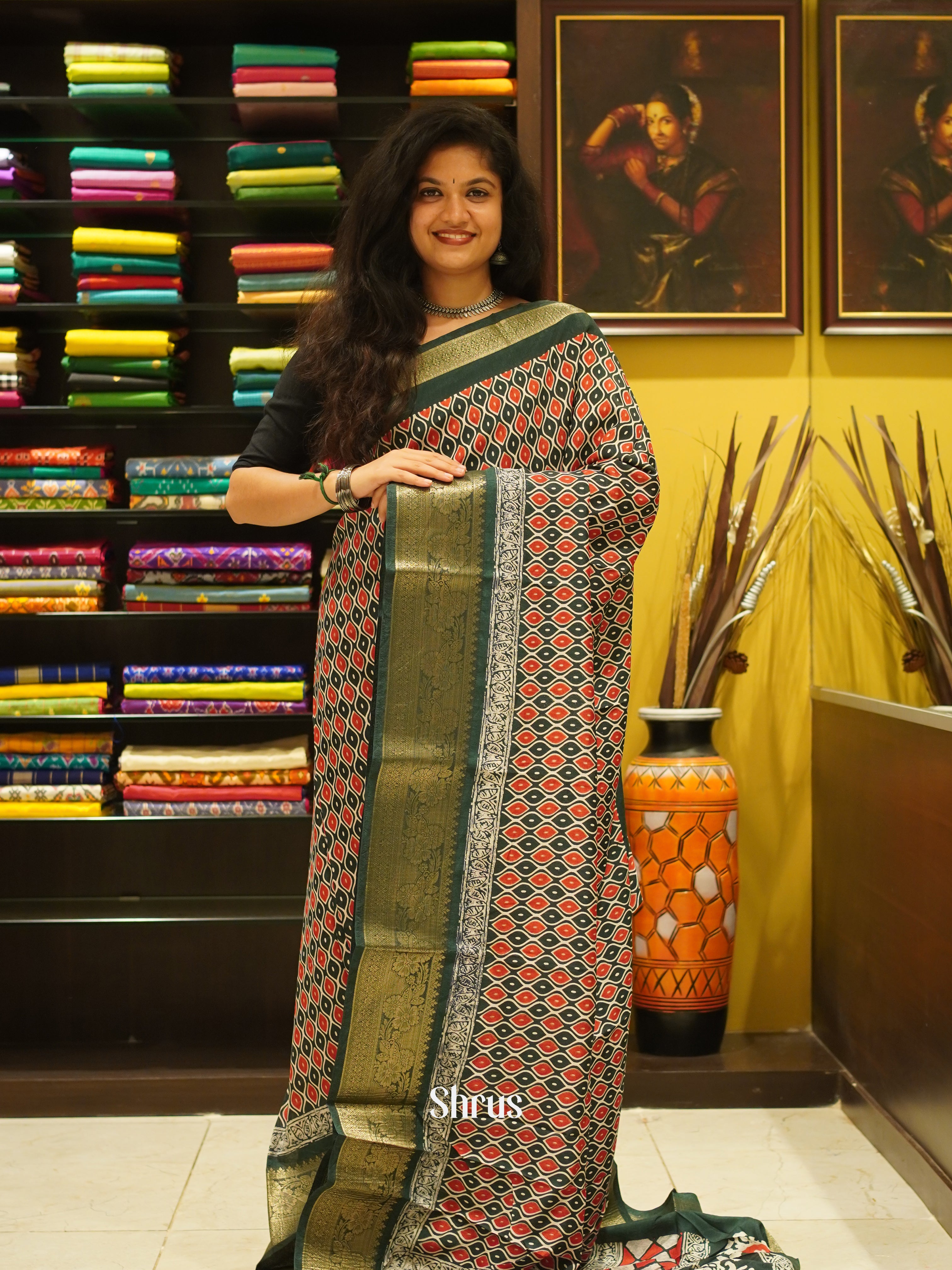 Green & Red - Semi crepe Saree