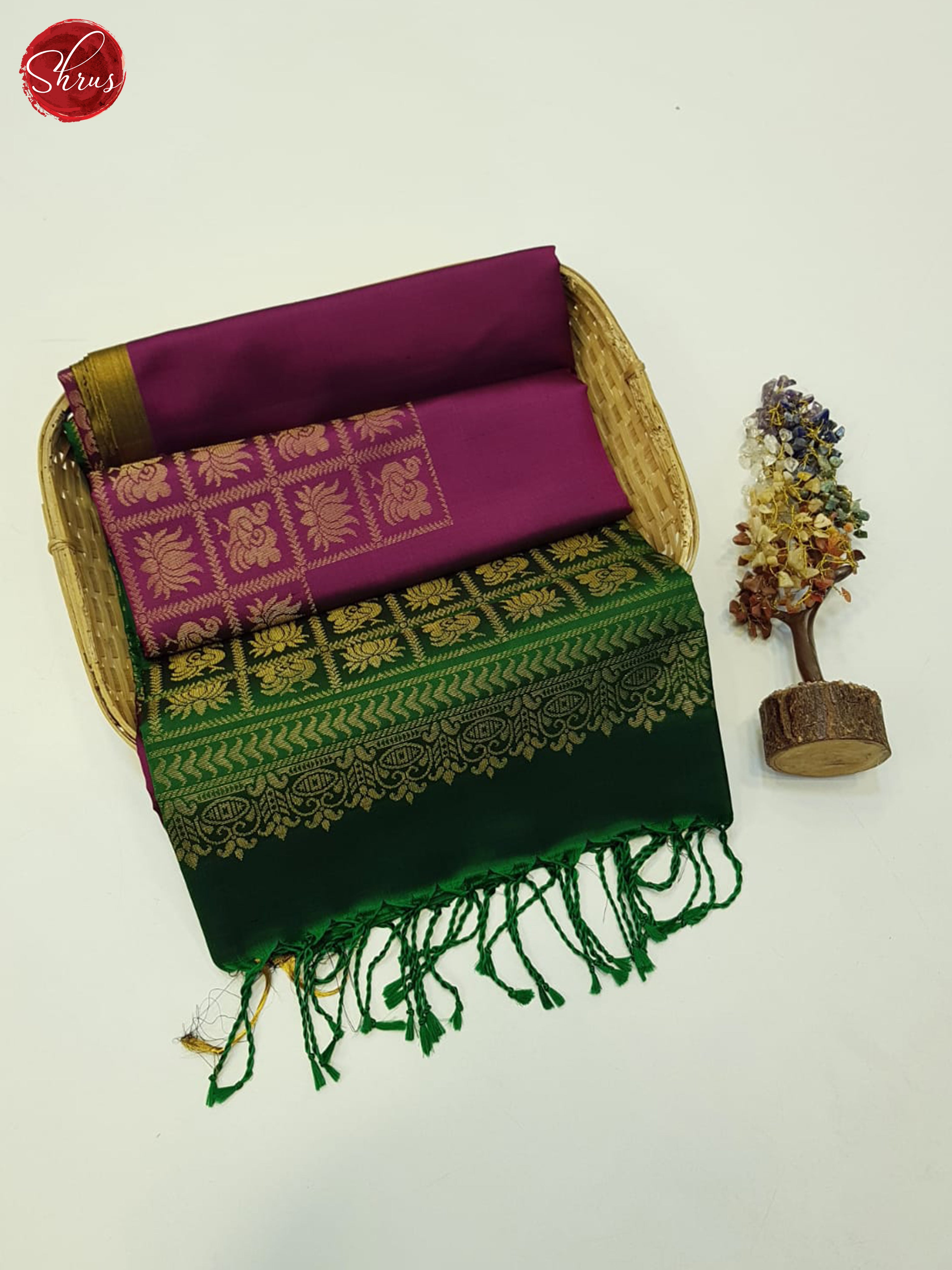 Wine & Green- Soft Silk Saree - Shop on ShrusEternity.com