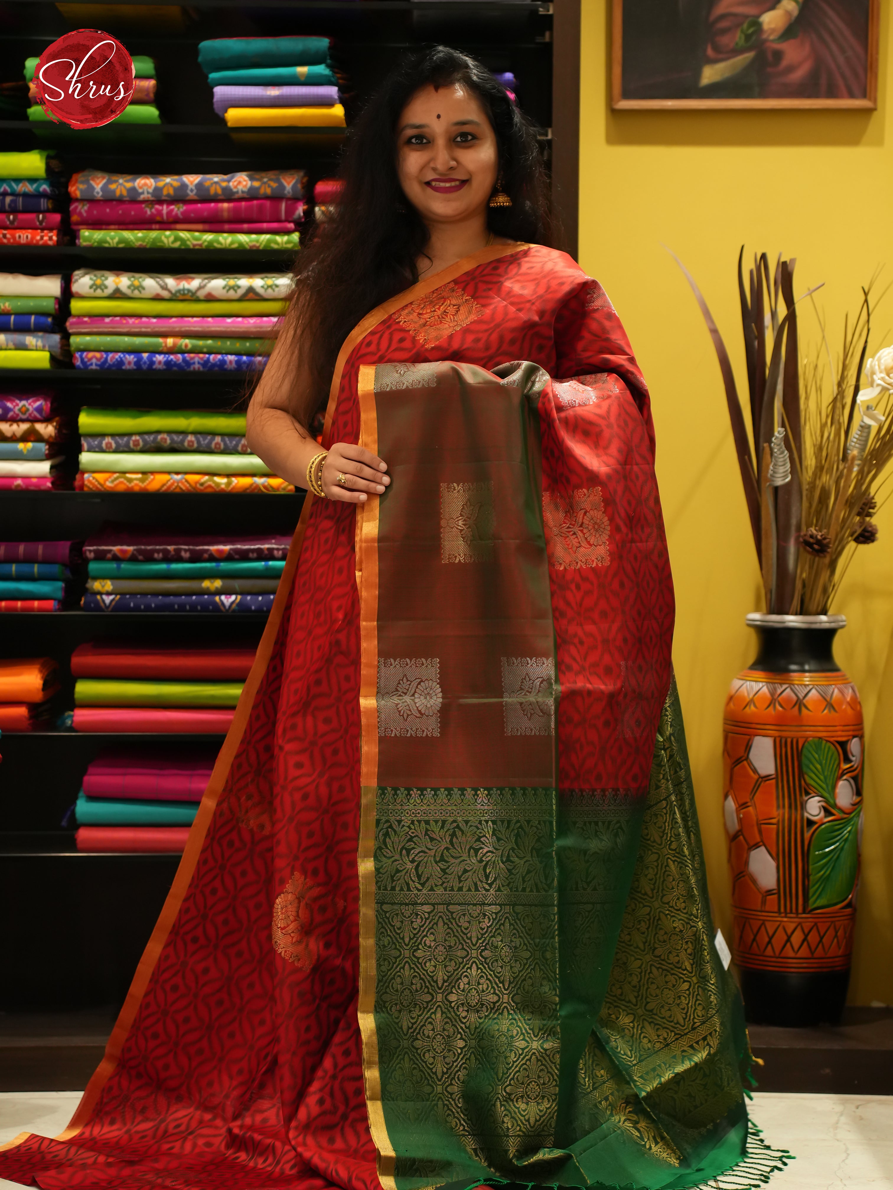 Red & Green  - Soft Silk Saree - Shop on ShrusEternity.com