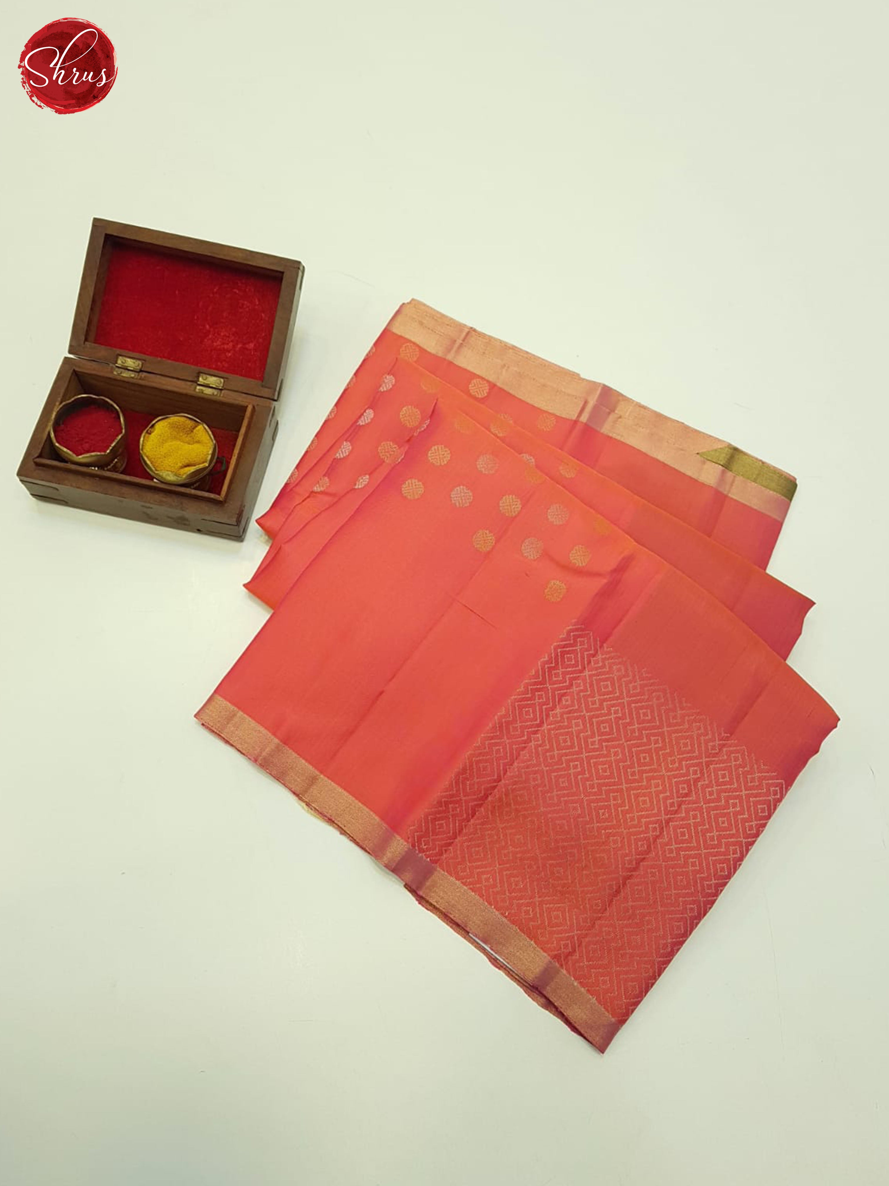 Orangish Pink And Green-Soft silk saree - Shop on ShrusEternity.com