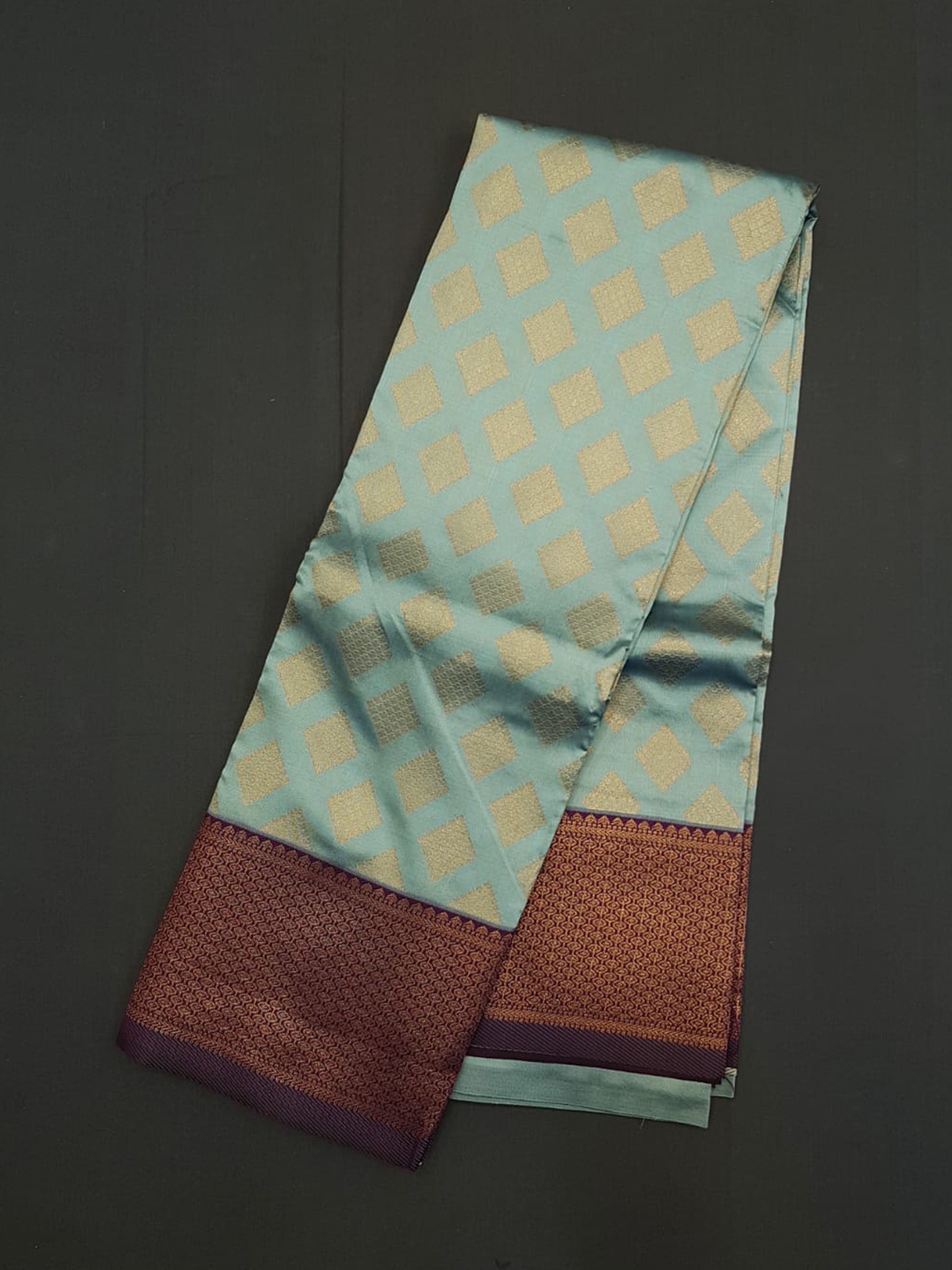 Pastel Blue And Wine-Semi soft silk saree - Shop on ShrusEternity.com