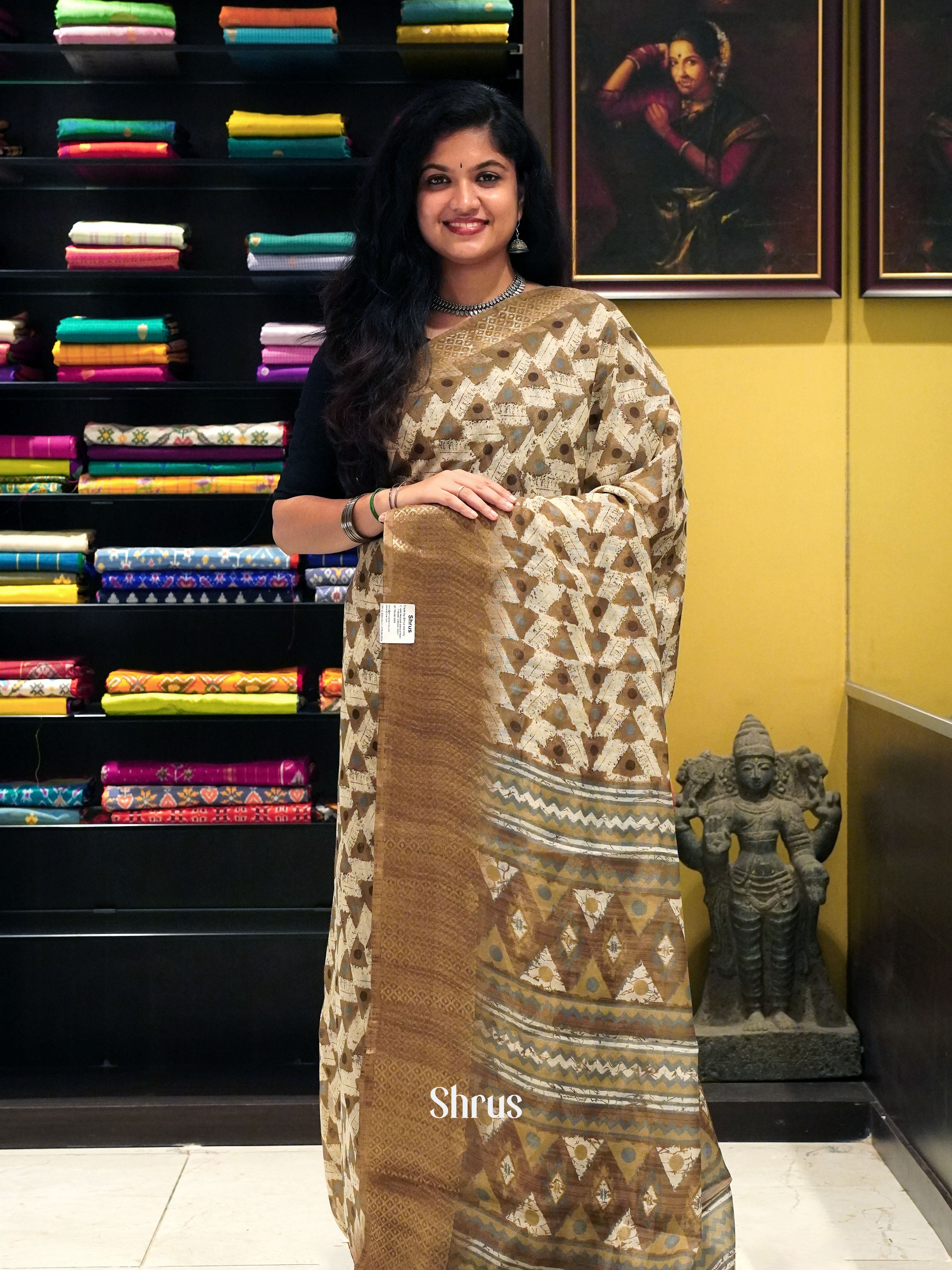 Cream And Brown-Semi gicha Saree