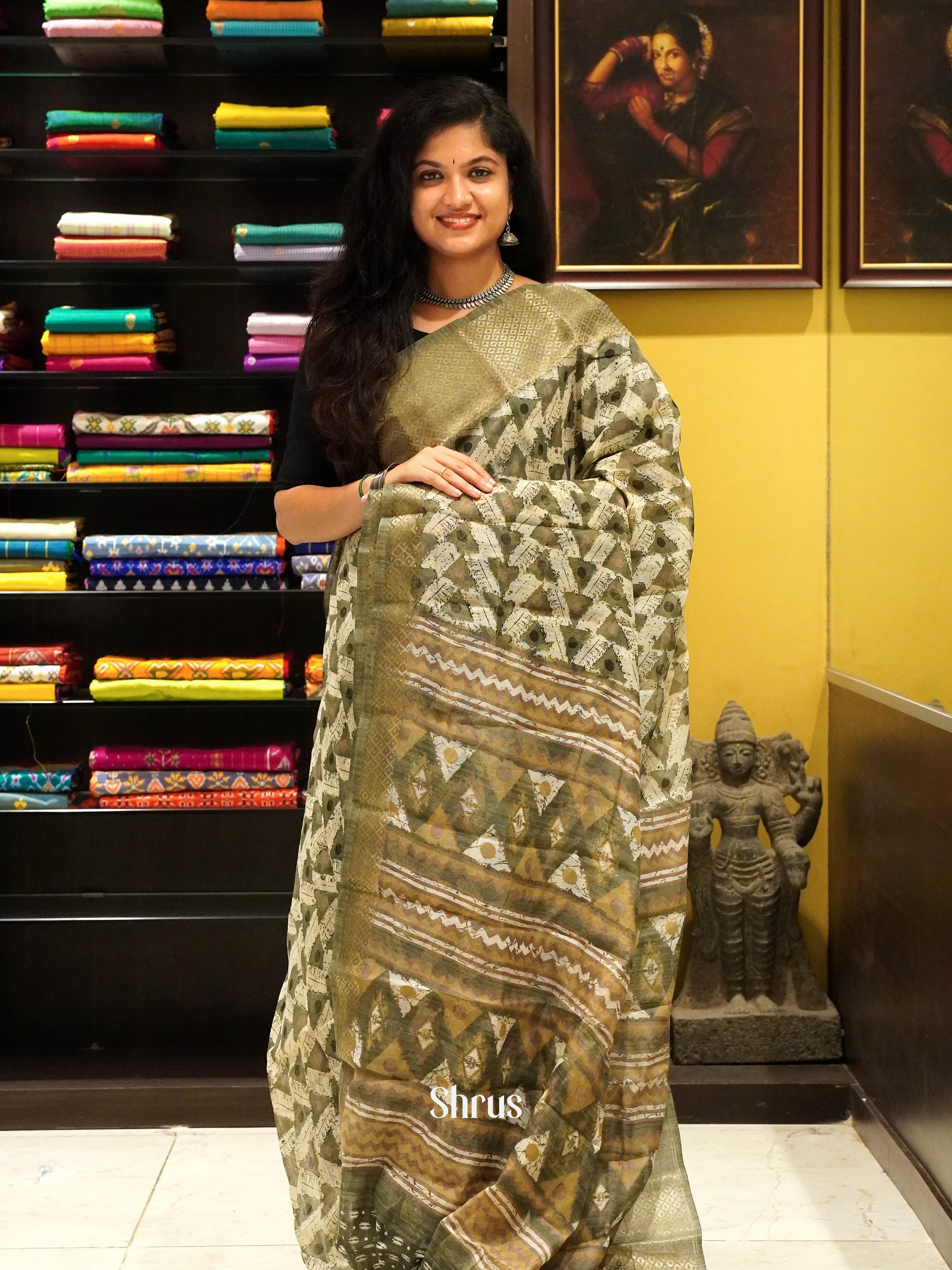 Cream And Green-Semi Gicha Saree