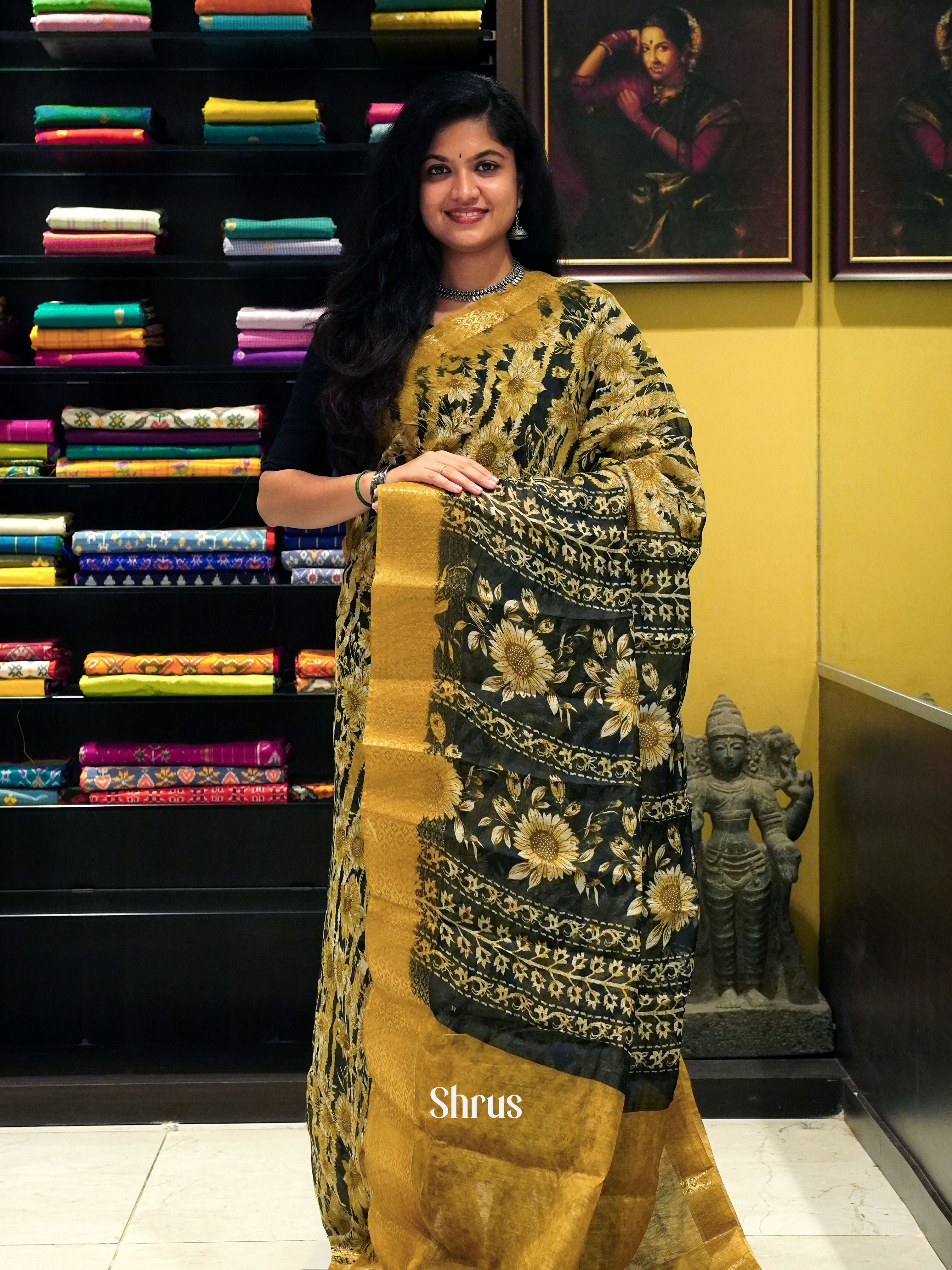 Black And Mustard-Semi Gicha Saree