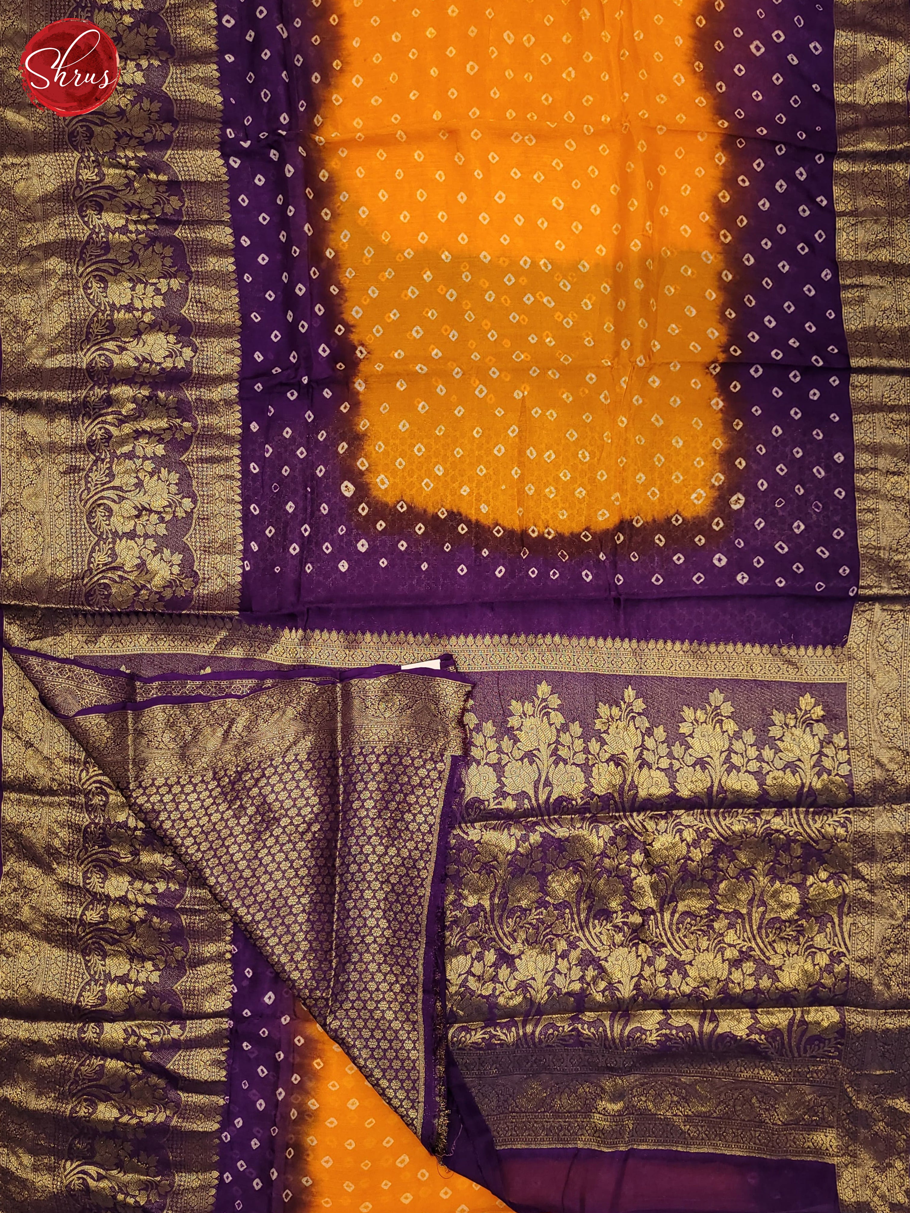 Yellow & Purple- Art Bandhini Saree - Shop on ShrusEternity.com