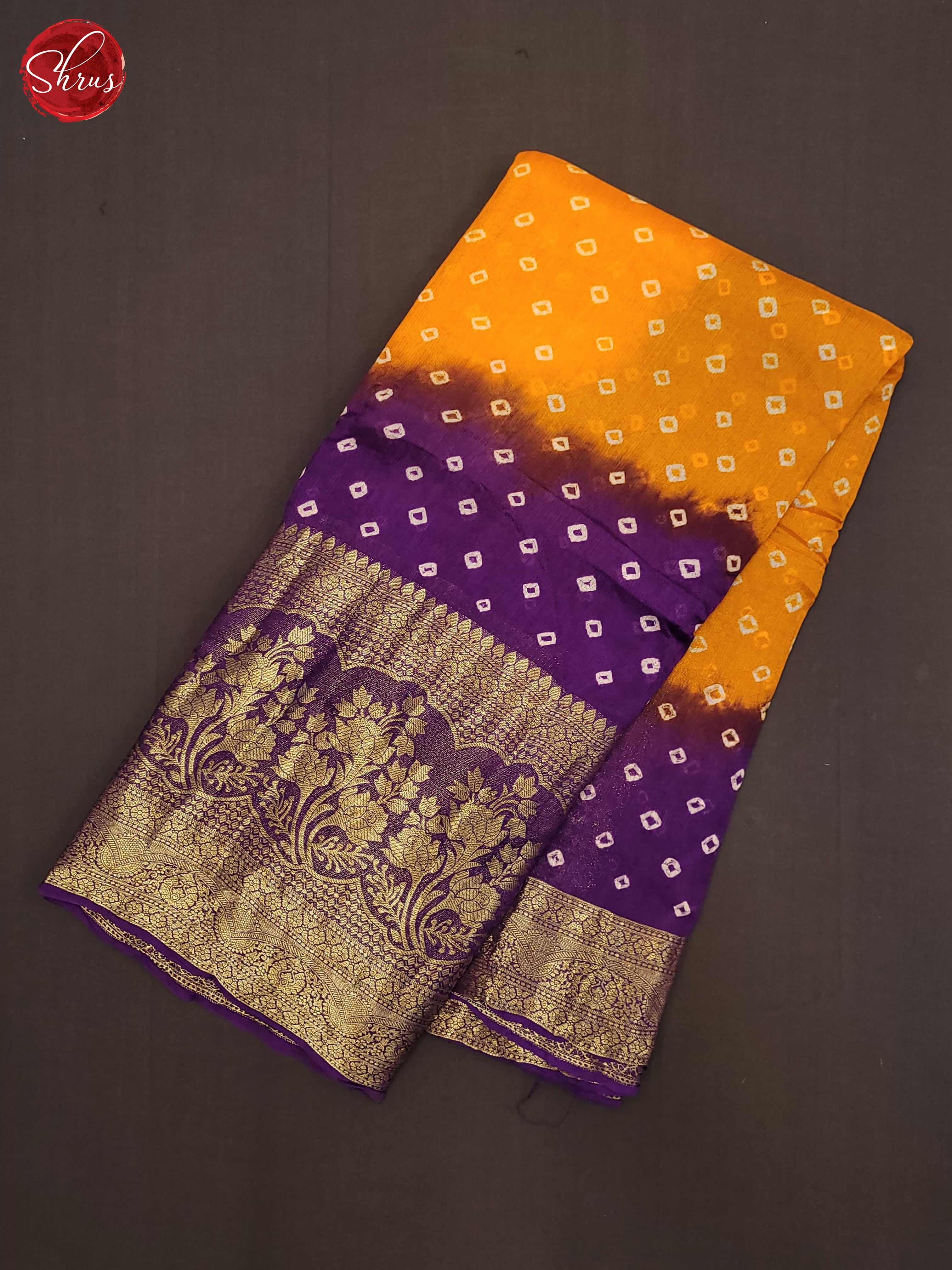 Yellow & Purple- Art Bandhini Saree - Shop on ShrusEternity.com