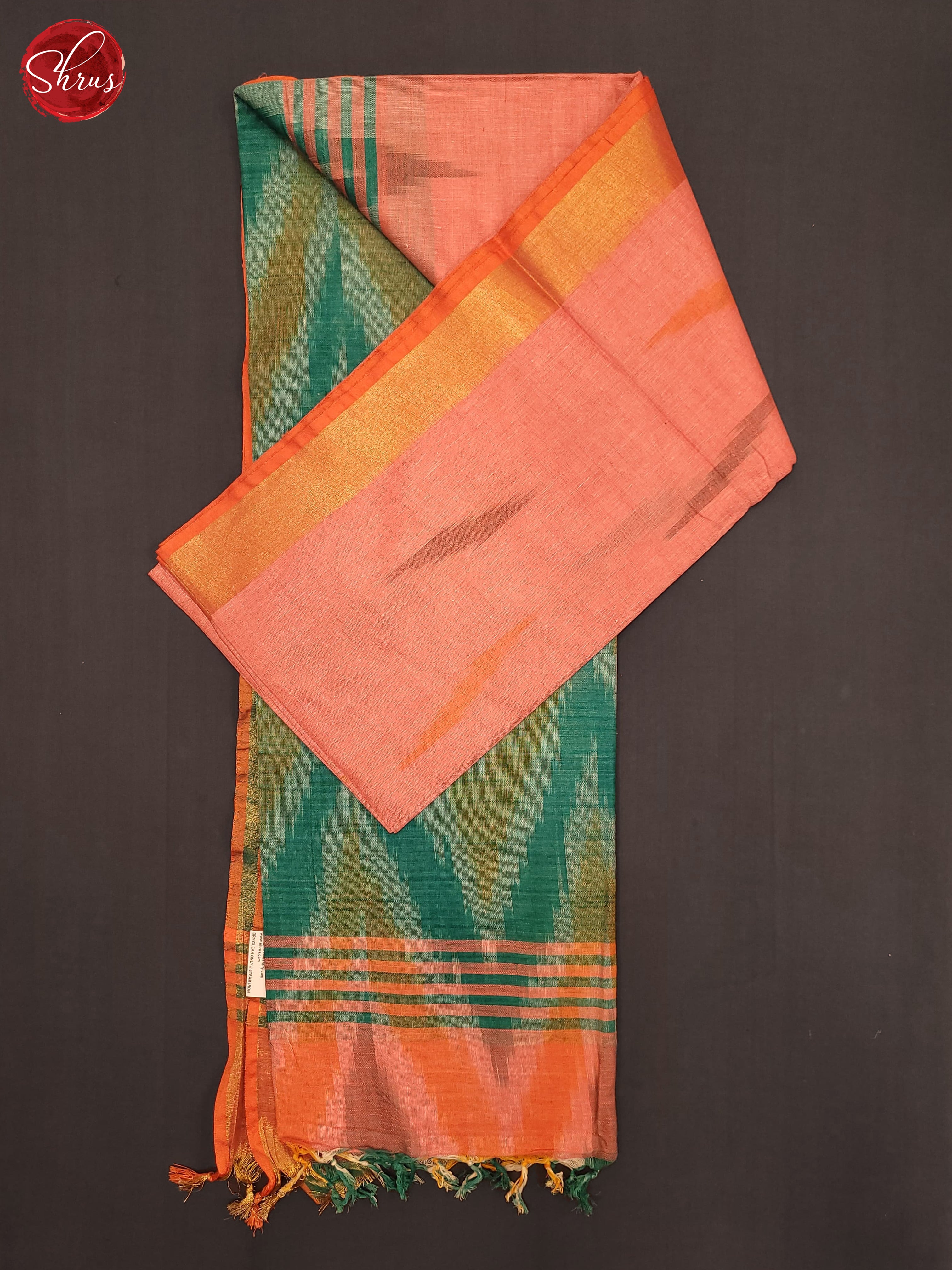 Peachish pink and Green- Semi Ikkat Saree - Shop on ShrusEternity.com