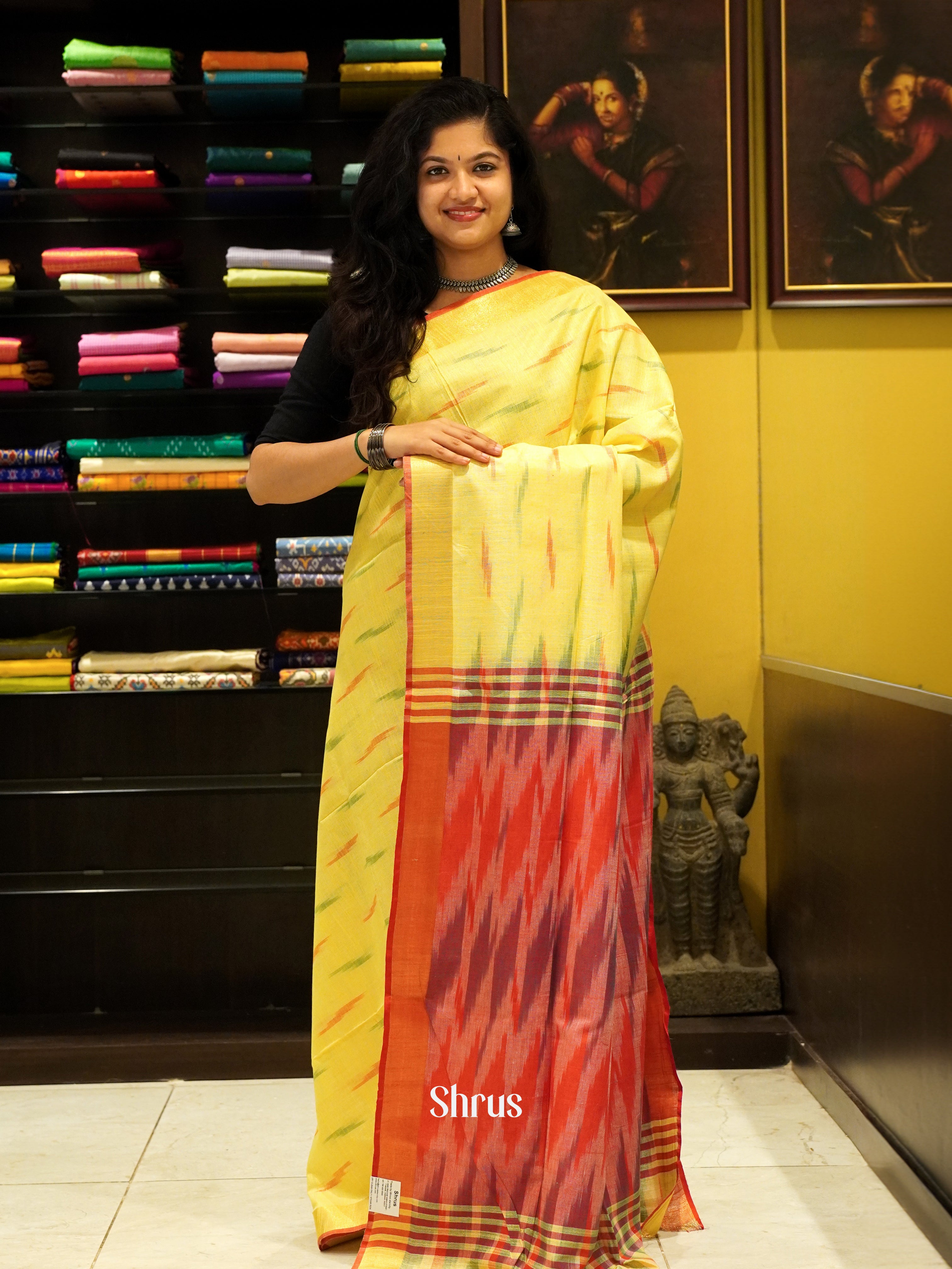 Yellow & Red - Semi Ikkat Saree