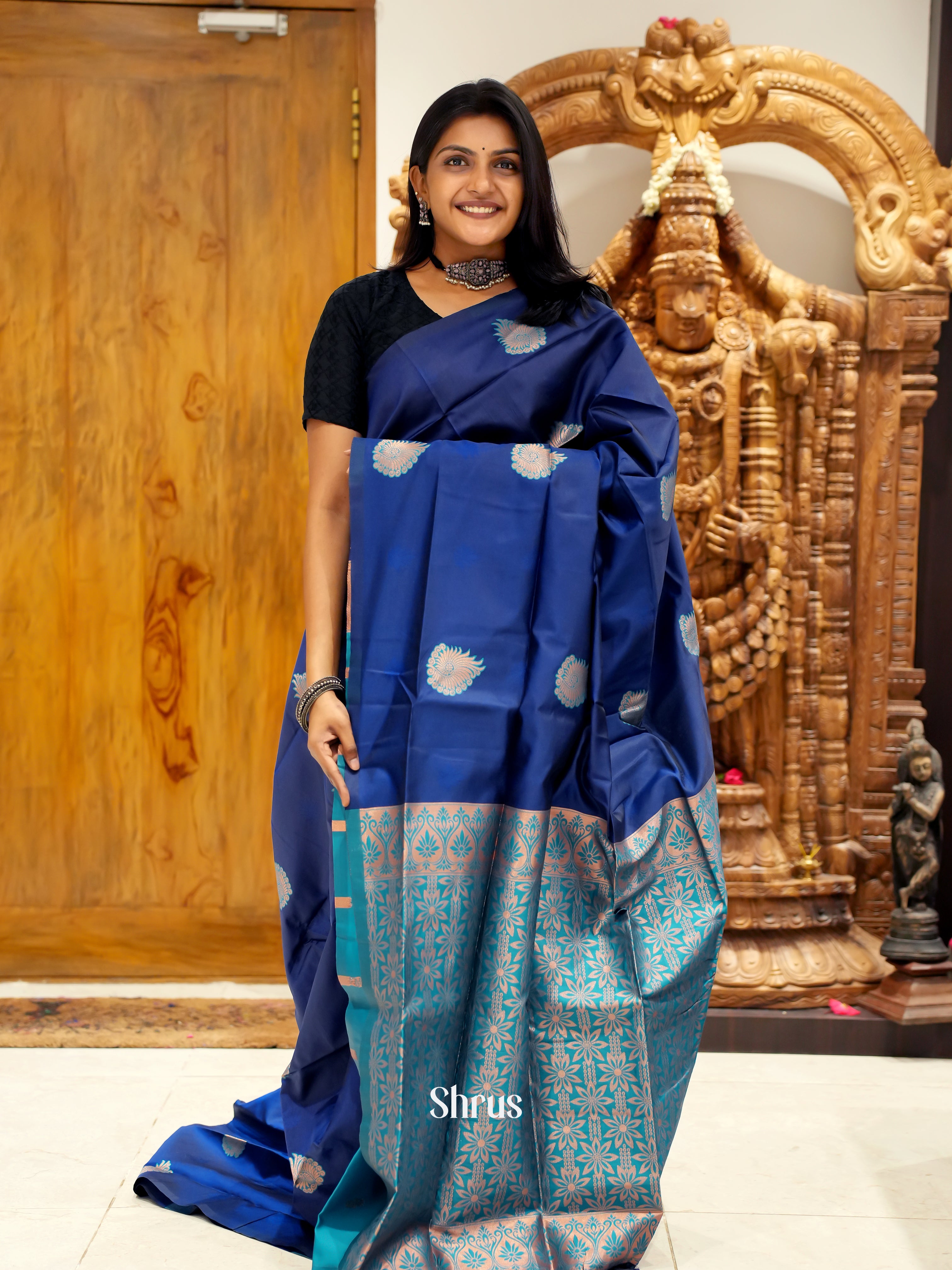 Navy Blue & Green - Semi Soft Silk Saree