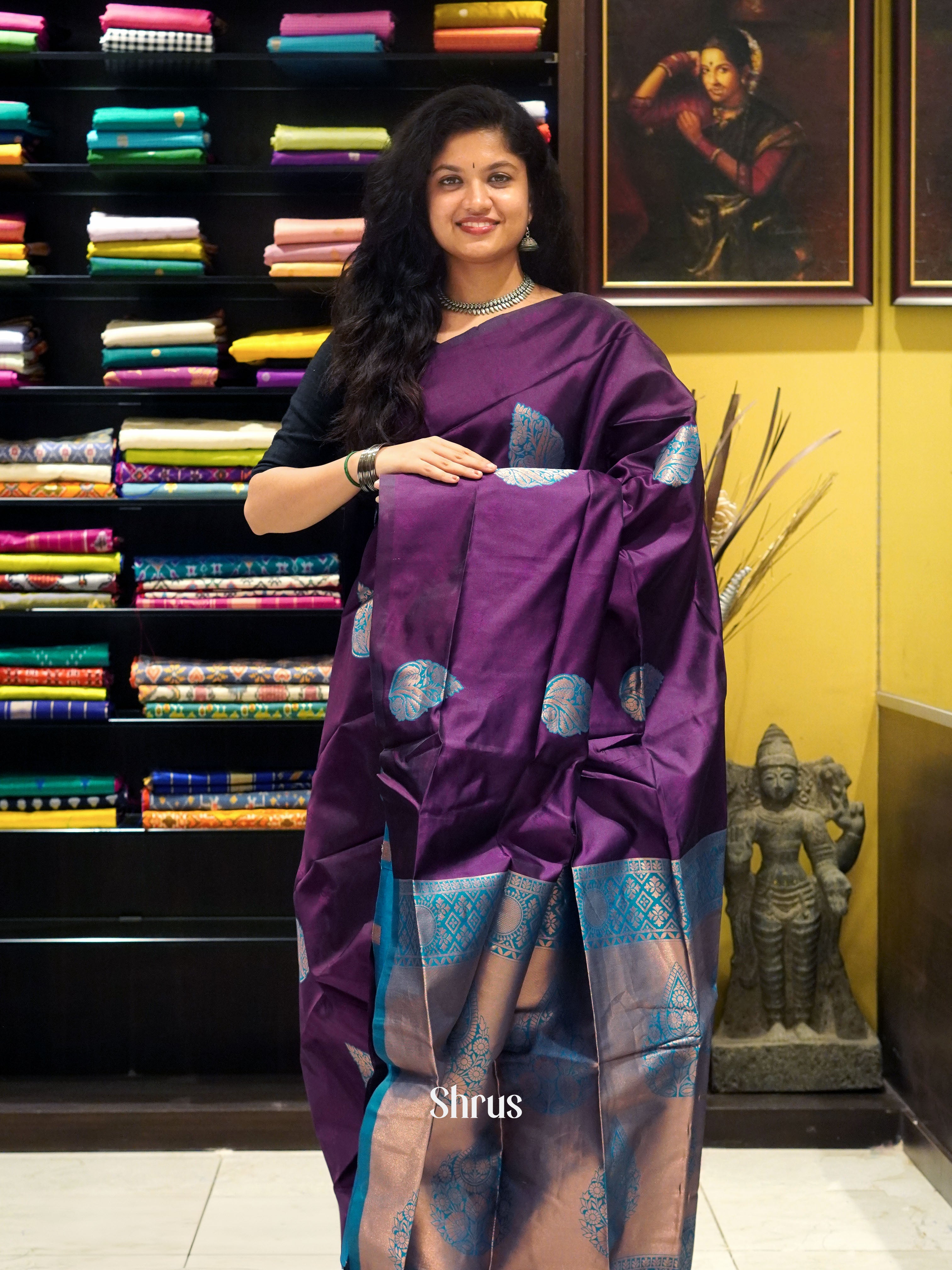 wine and blue- Semi Soft Silk Saree