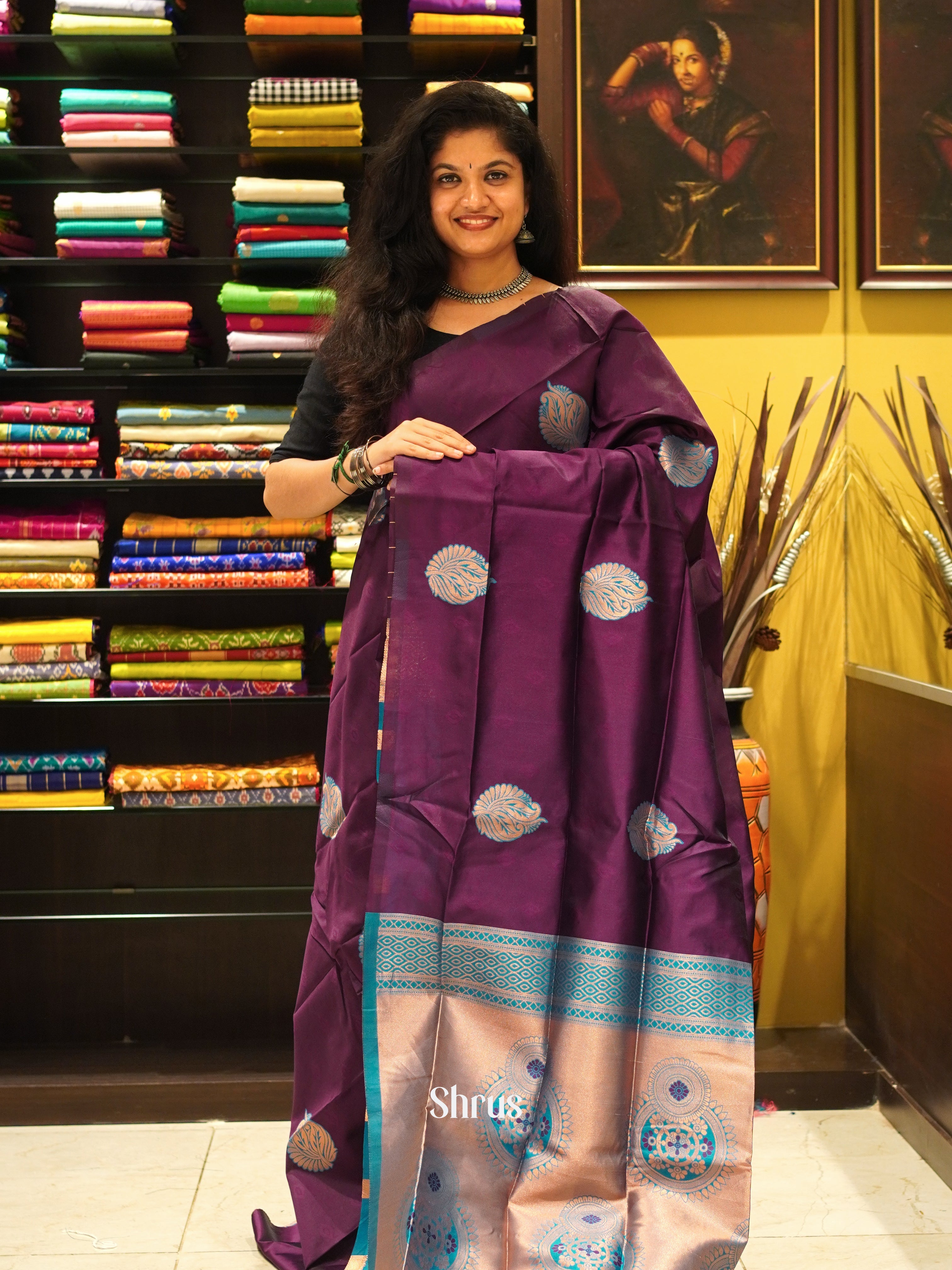 wine and blue- Semi Soft SIlk Saree