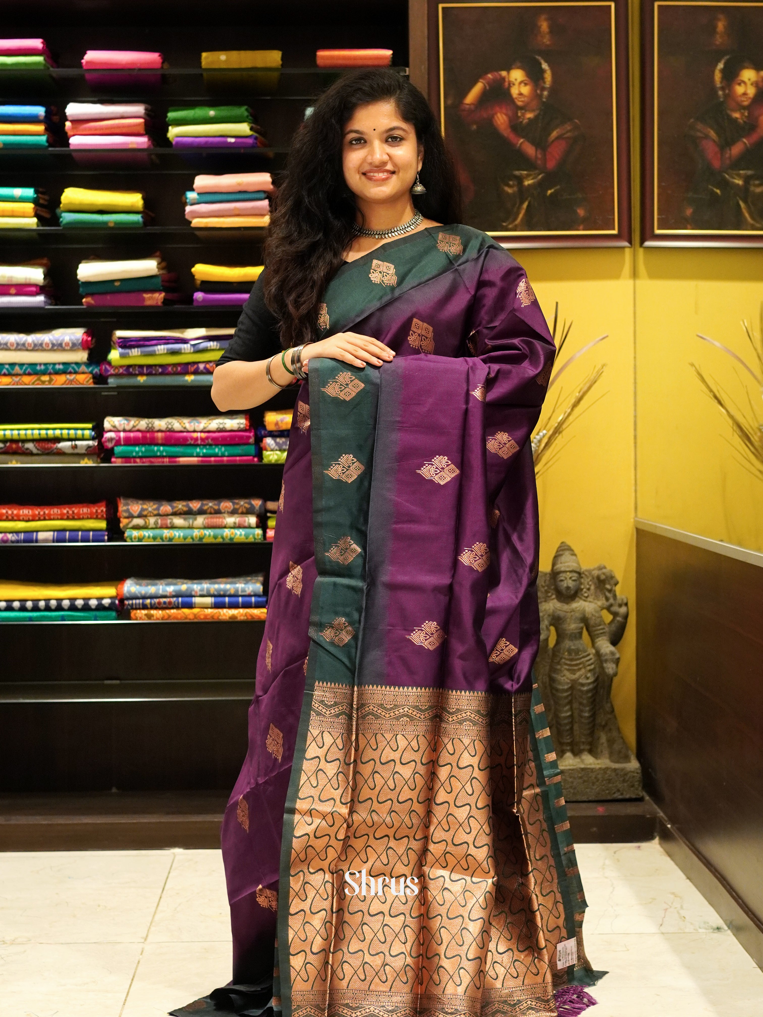 deep wine and green- Semi Soft Silk Saree