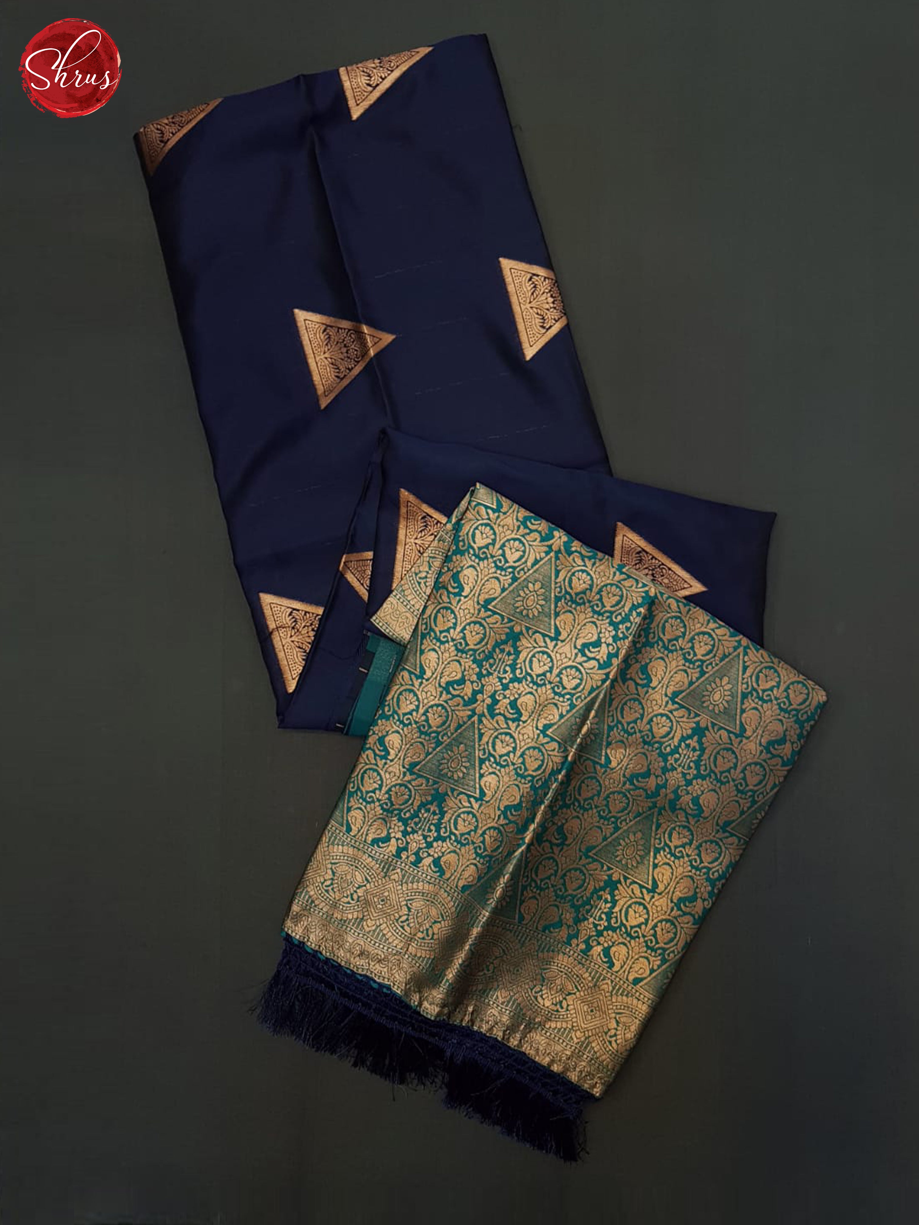 Navy Blue  & Teal - Semi Softsilk Saree - Shop on ShrusEternity.com