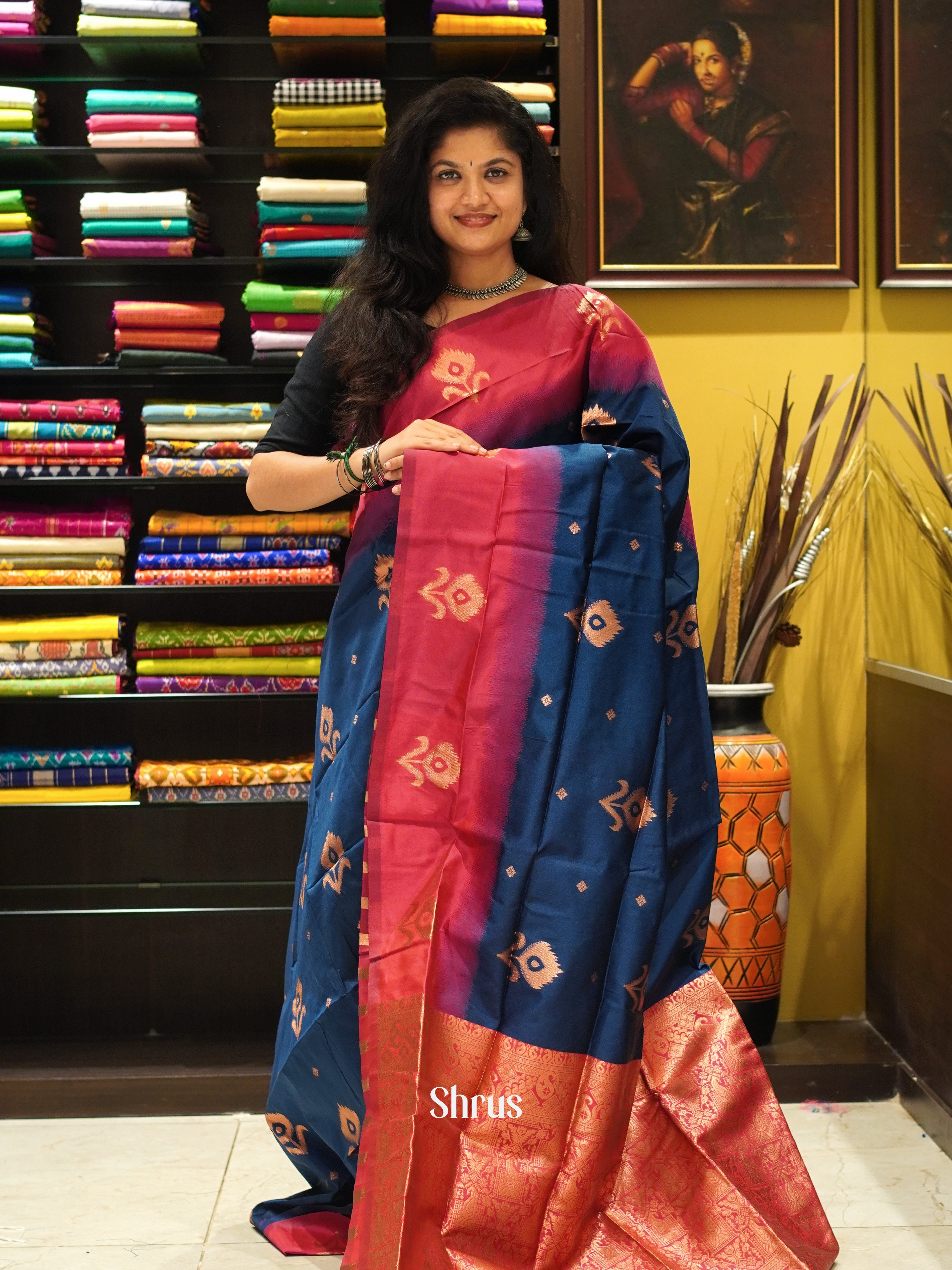 blue and pink- Semi Soft silk Saree