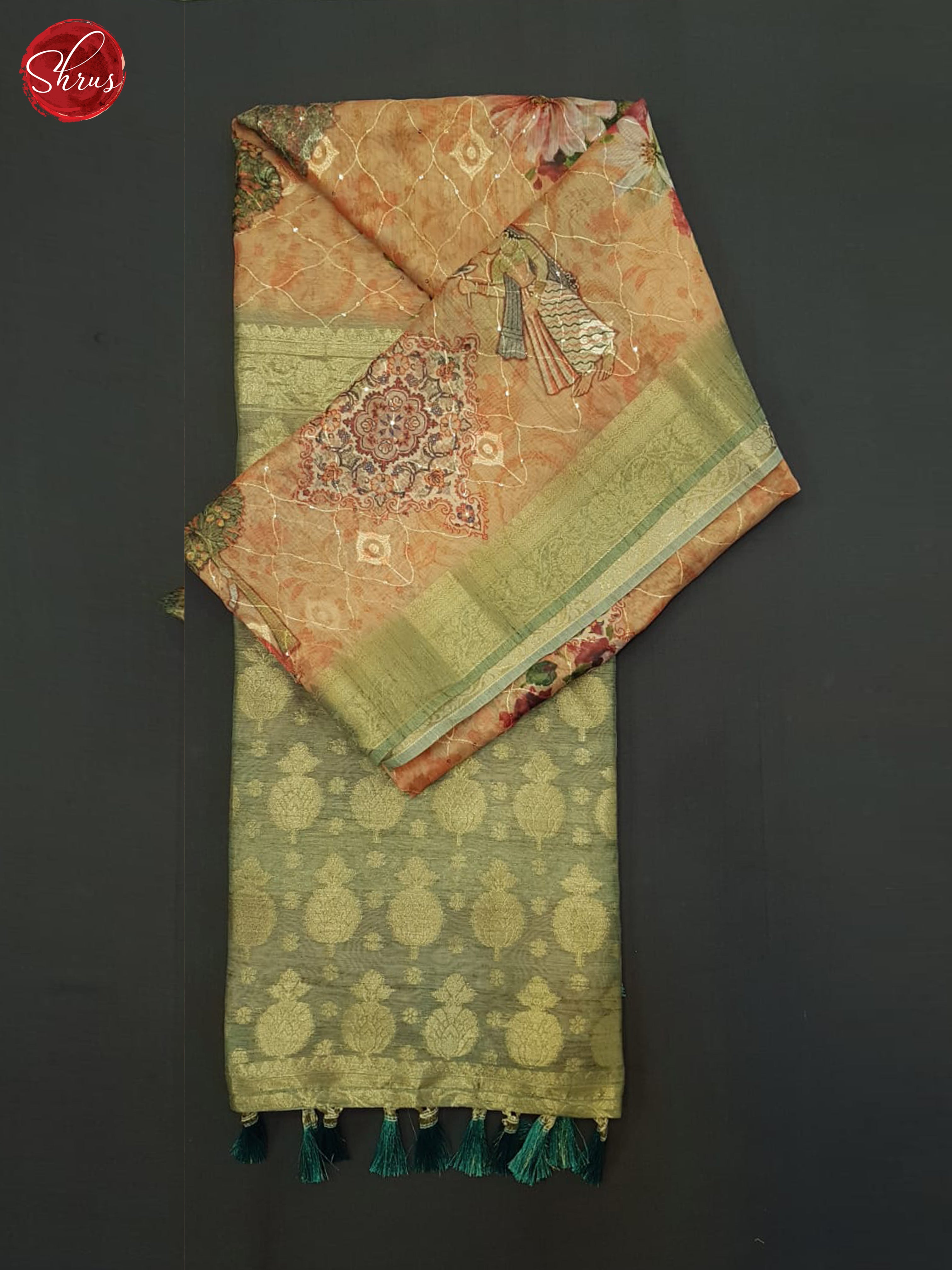 Orange & Green - Semi Jute Saree - Shop on ShrusEternity.com