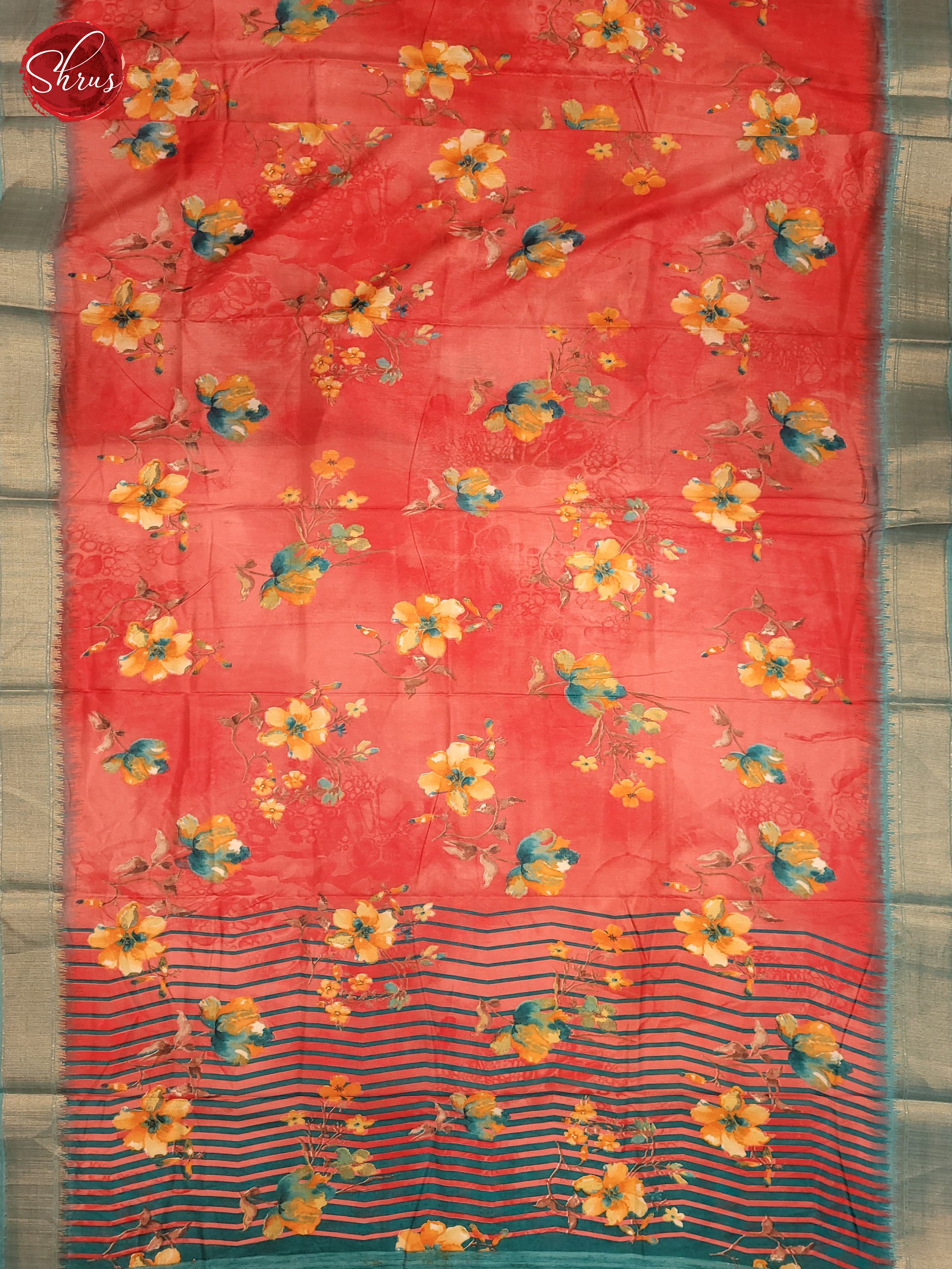 Peachish Pink & Blue- Semi Crepe Saree - Shop on ShrusEternity.com