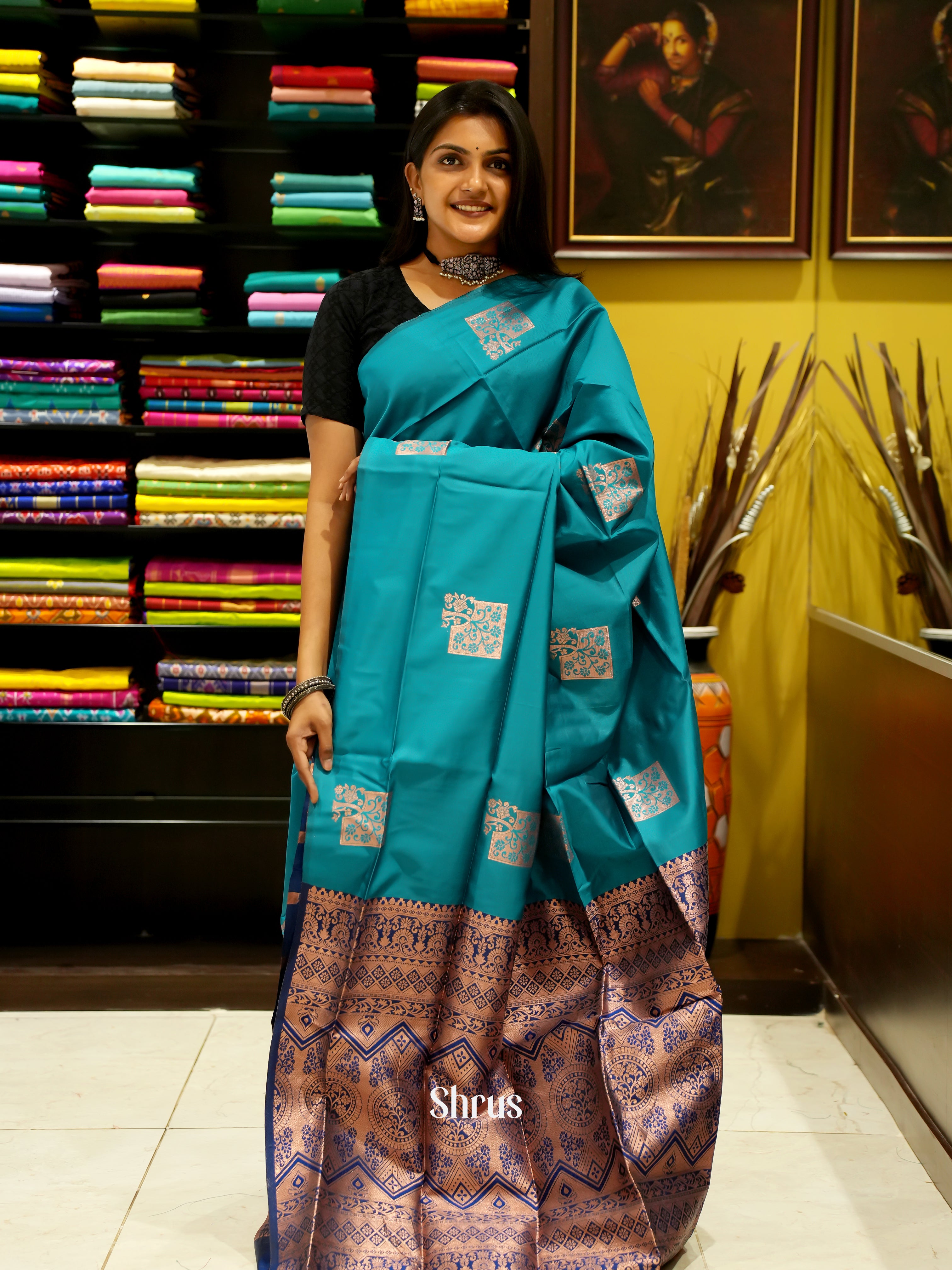 Peacock Green & Blue- Semi Softsilk Saree