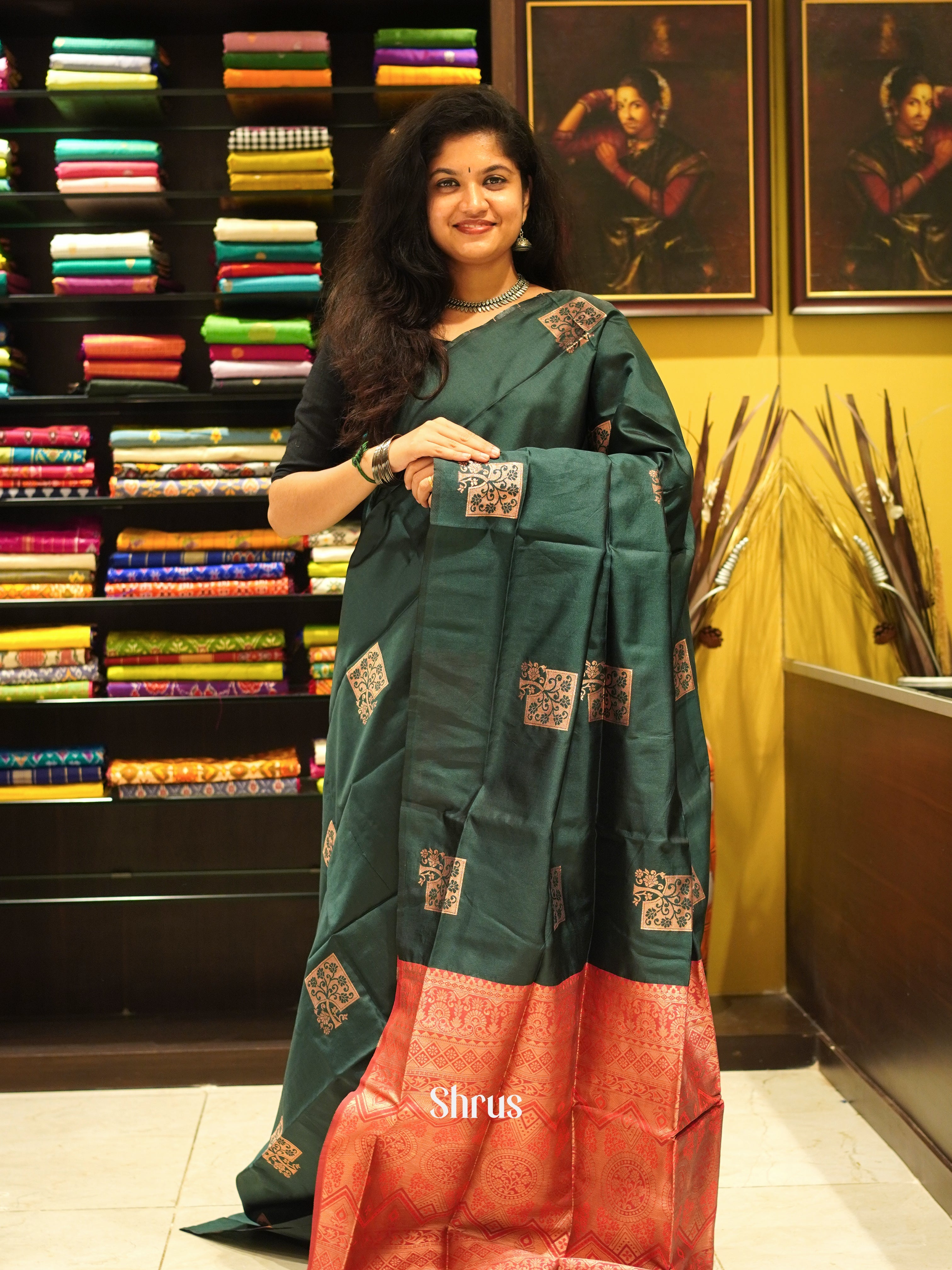 Bottle Green & Pink - Semi Softsilk Saree