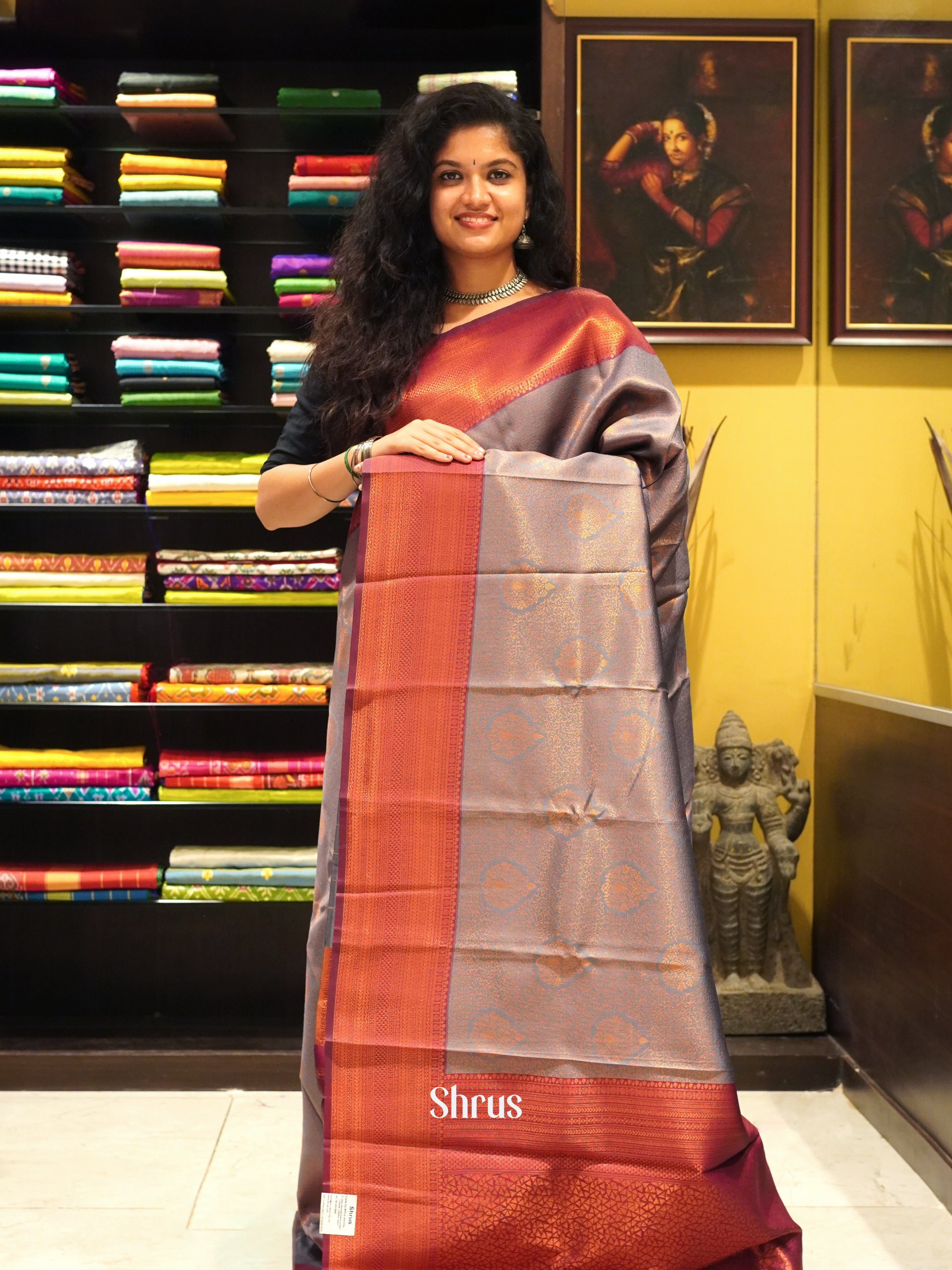 grey and araku maroon- Semi kanchipuram saree