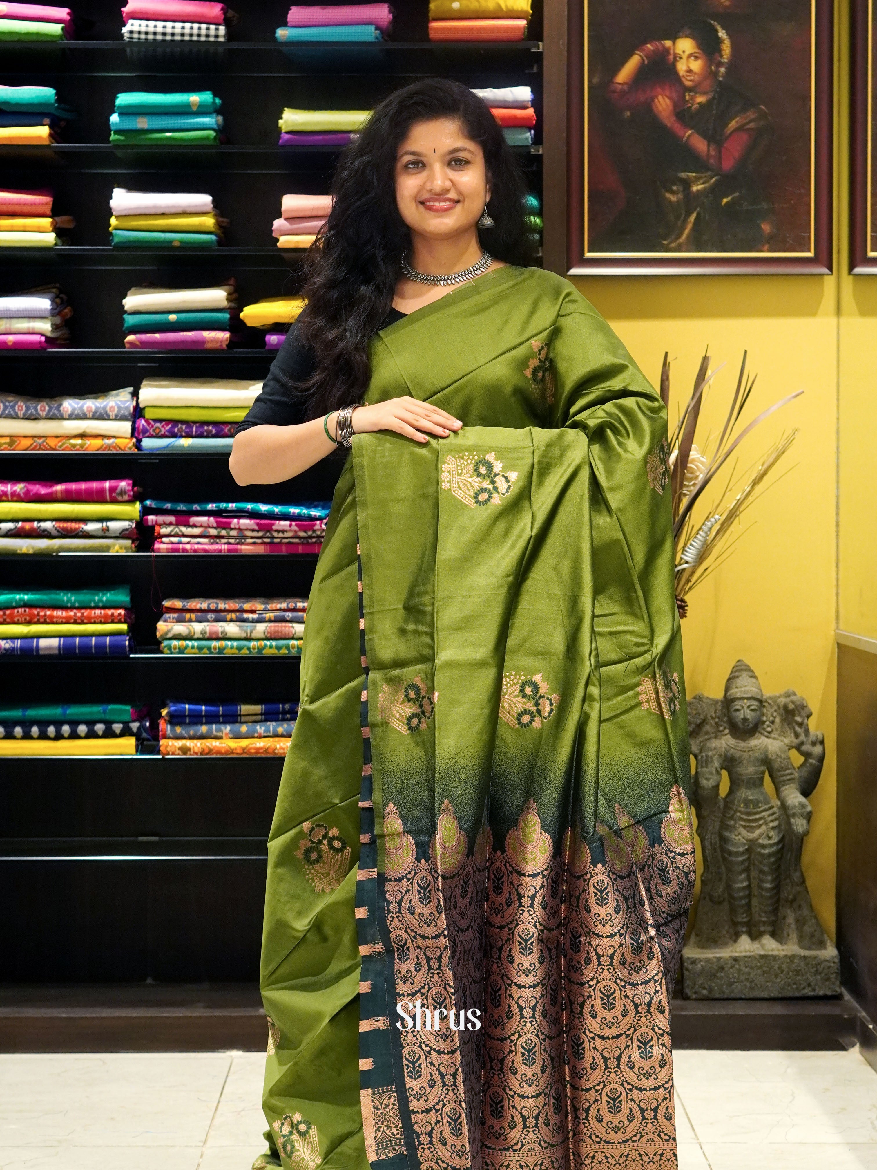 Green and dark green- Semi soft silk saree