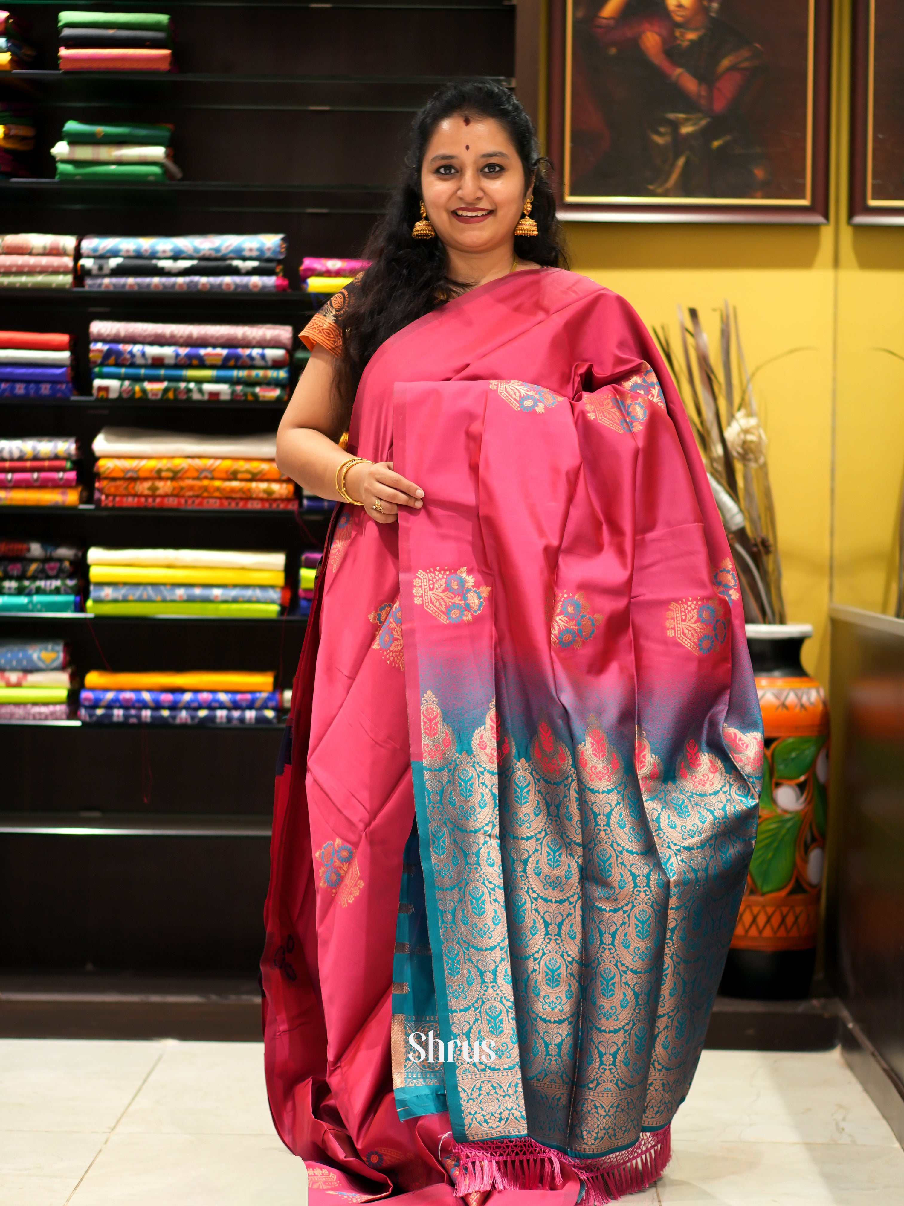 Pink And Green- Semi soft silk saree