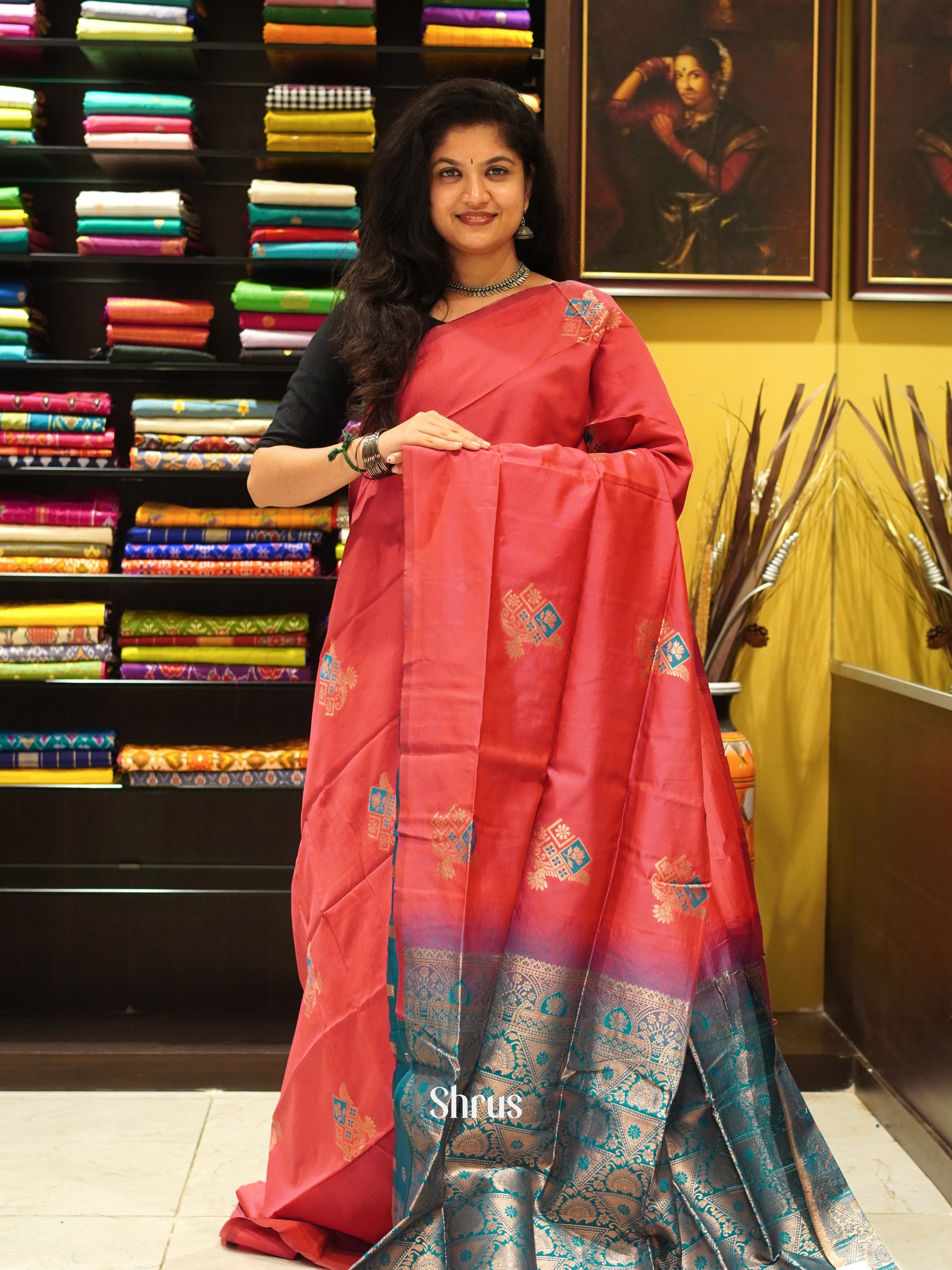 Pink And Peacock Neck-Semi soft silk saree