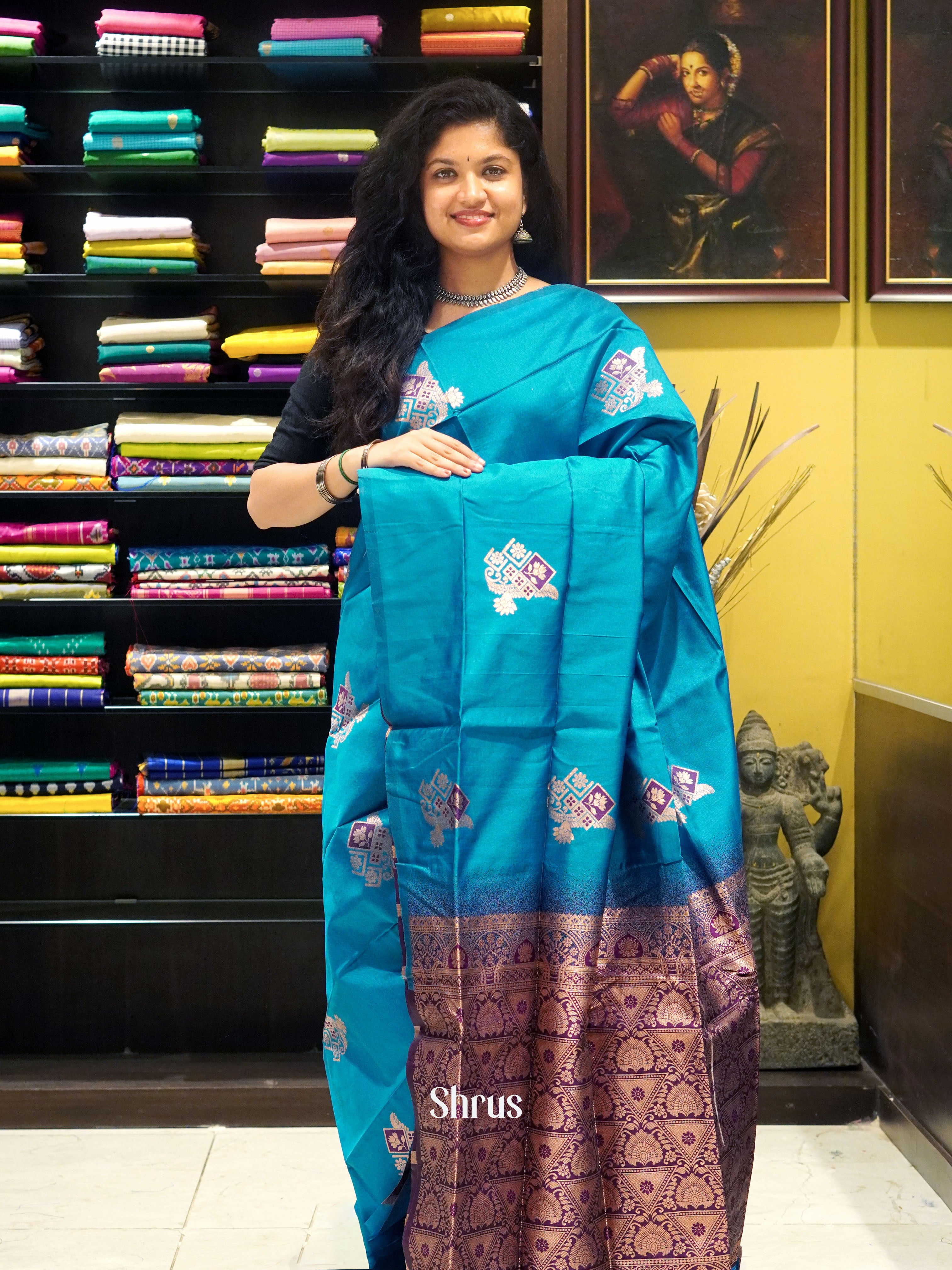 Blue And Wine-Semi soft silk saree