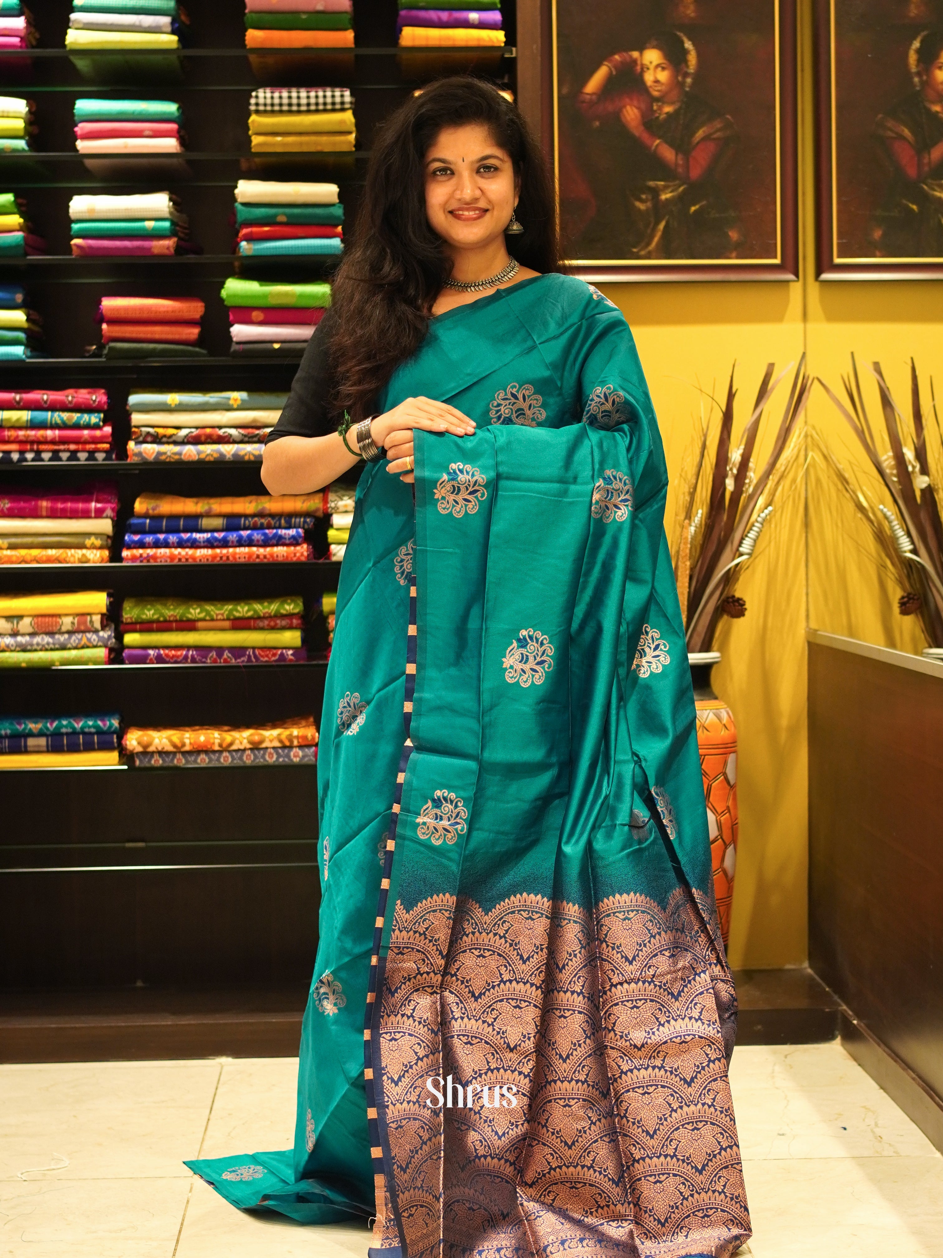 Green And Blue-Semi soft silk saree