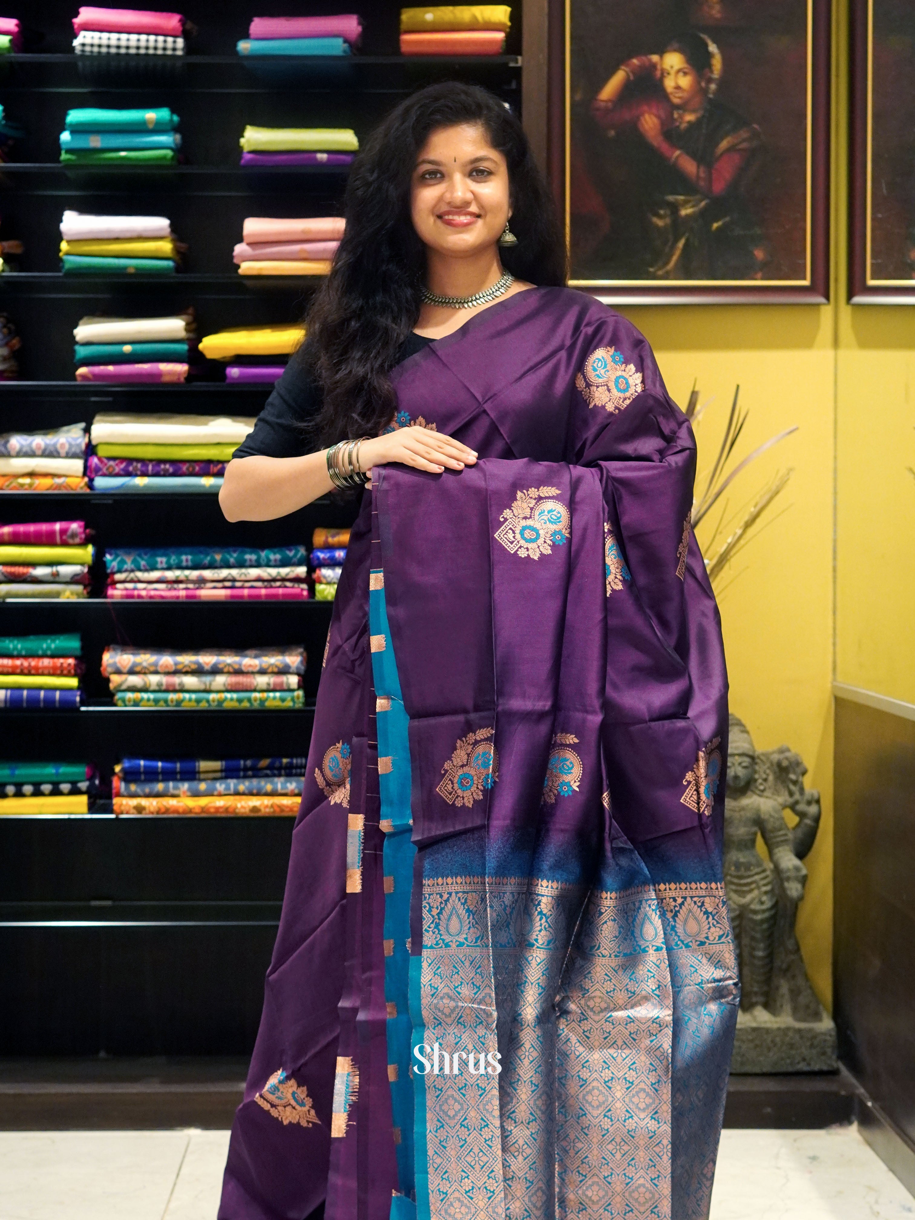 Wine And Blue-Semi Soft silk Saree