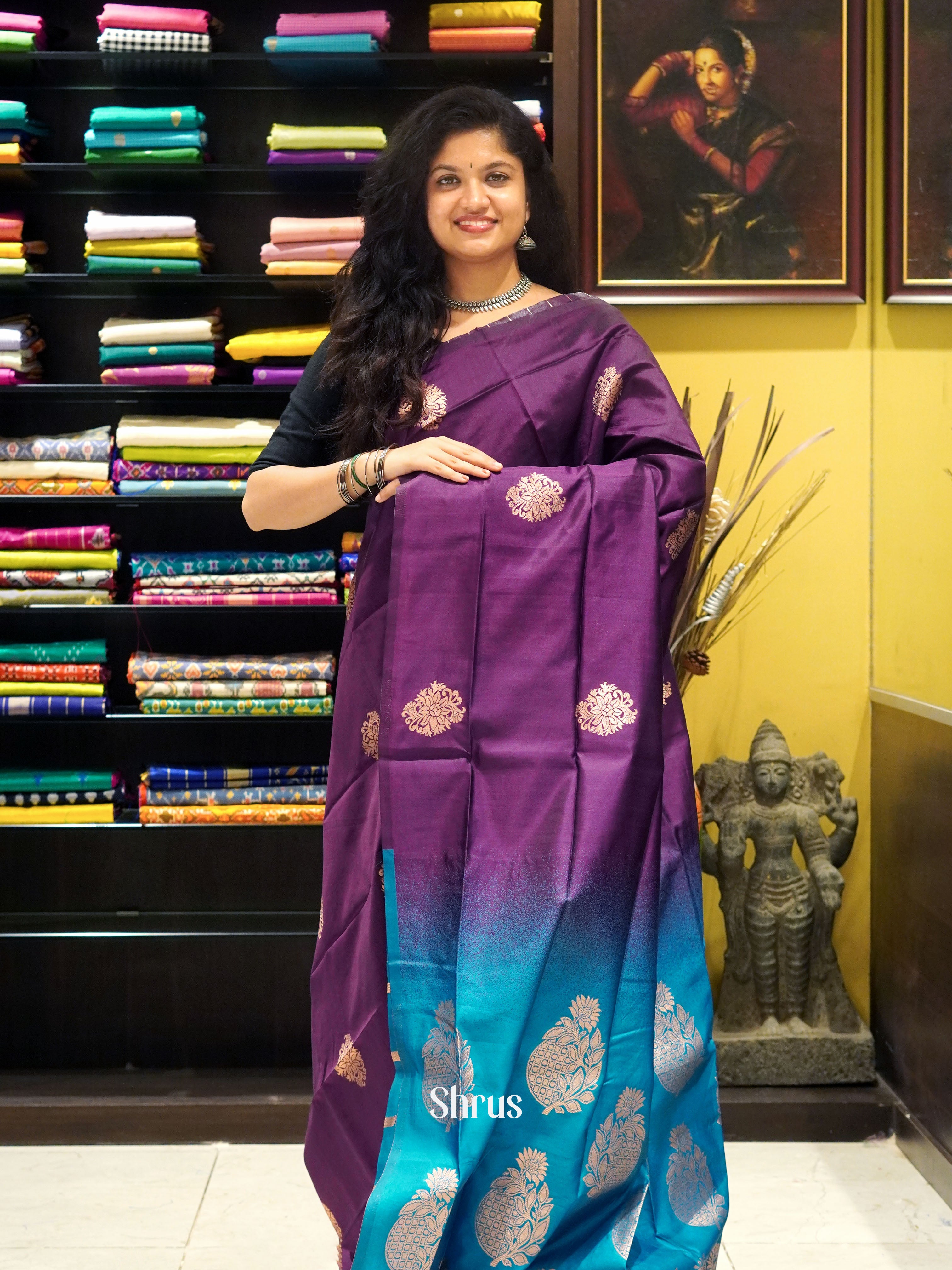 Wine and Blue- Semi Softsilk Saree