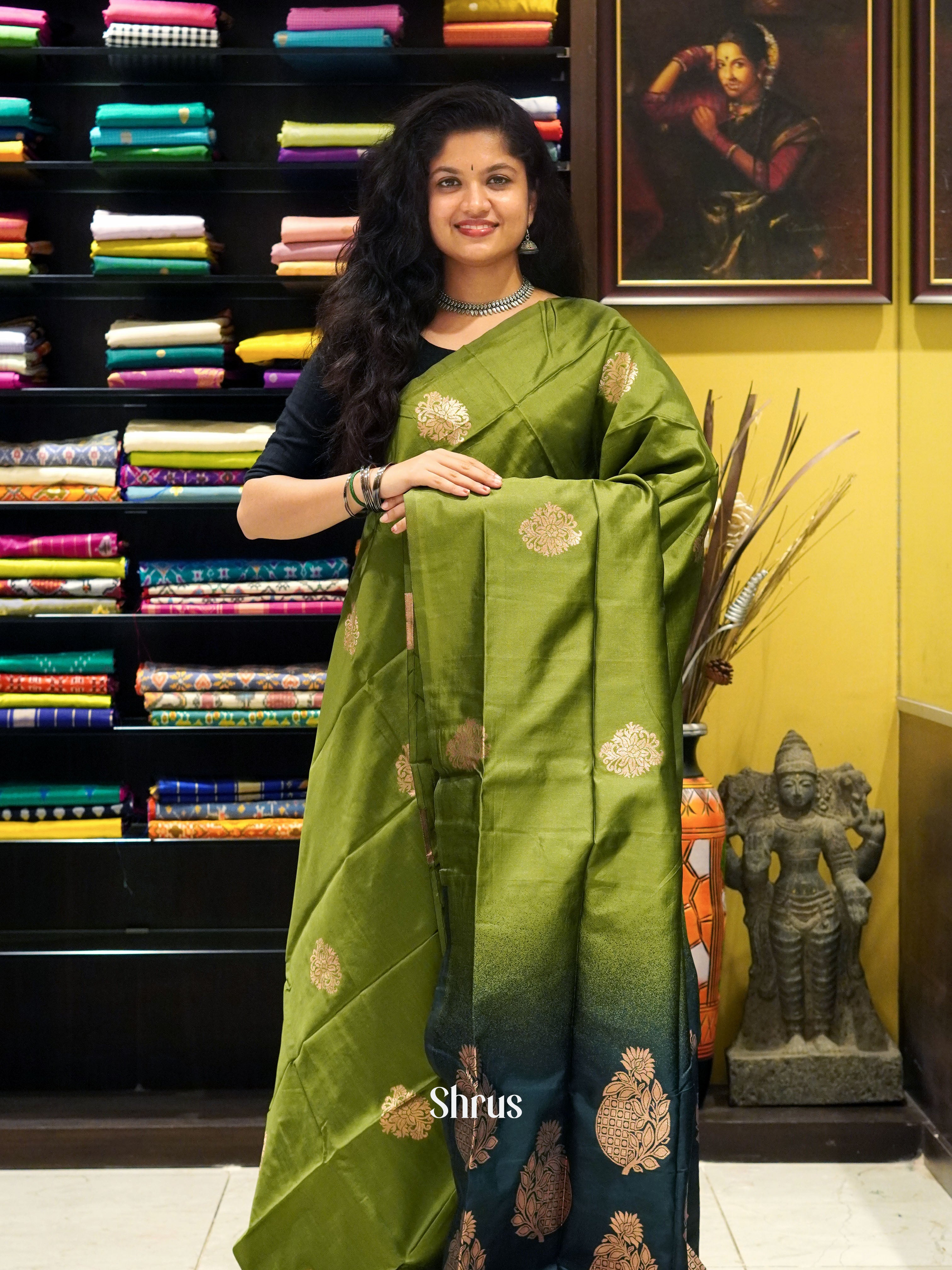 Green and Dark green- Semi  Soft silk saree