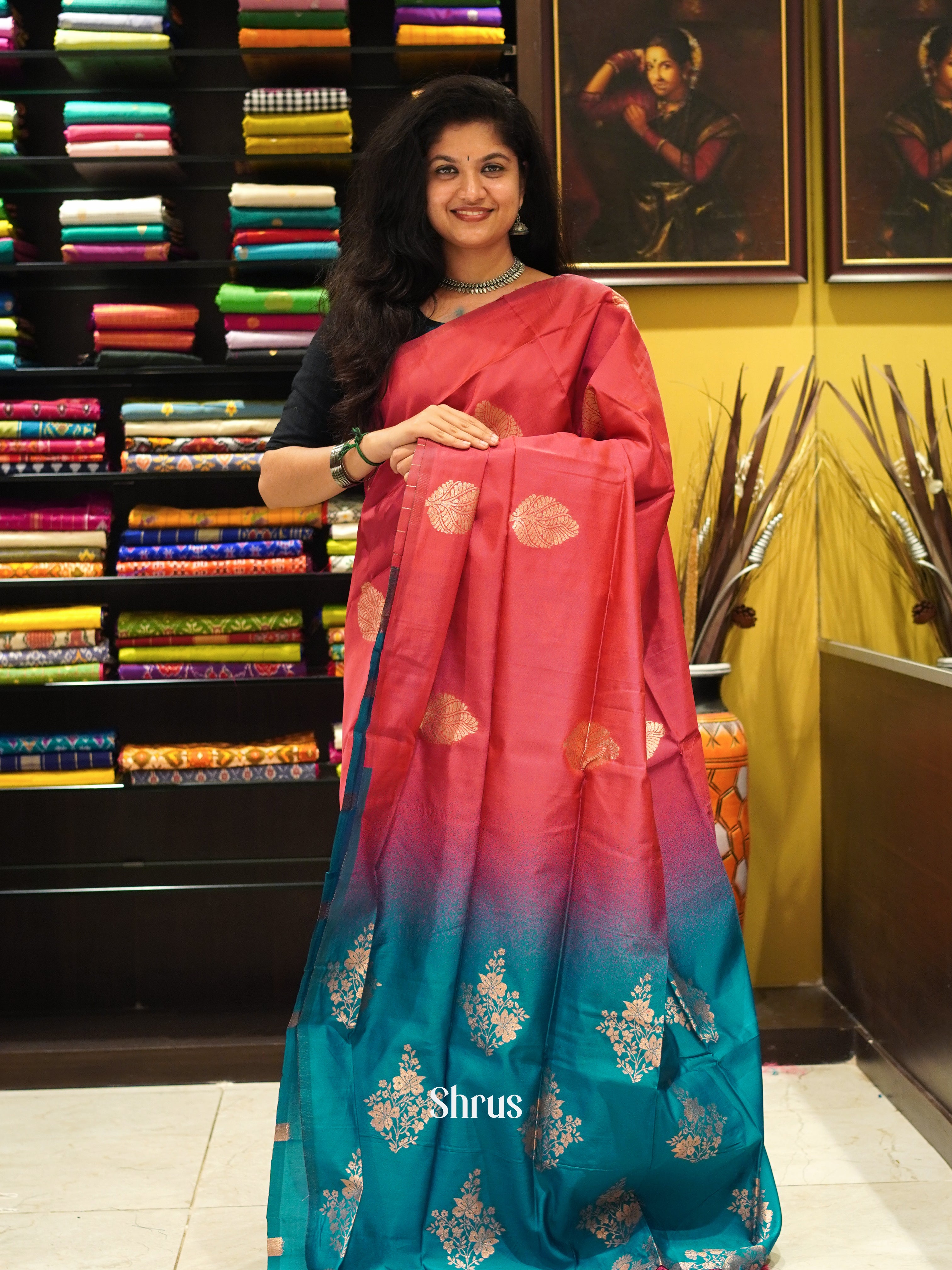 Pink And Green- Semi Soft silk saree