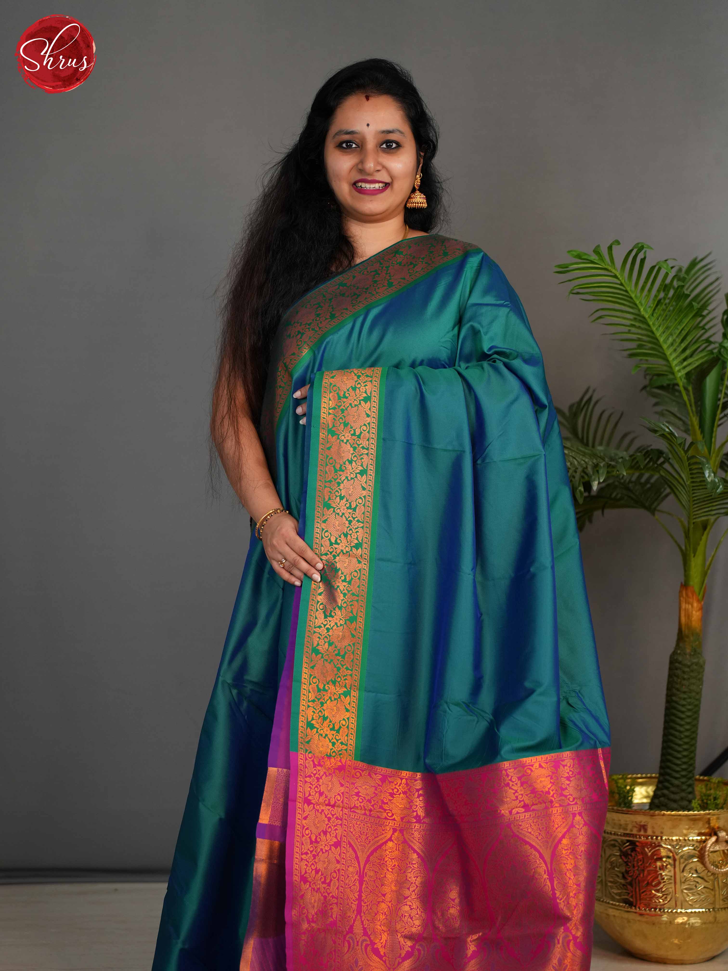 Peacock Green  & Pink  - Semi Kanchipuram Saree - Shop on ShrusEternity.com