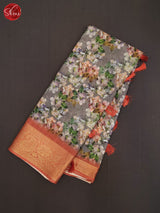 Grey & Orange- Art Linen Saree - Shop on ShrusEternity.com