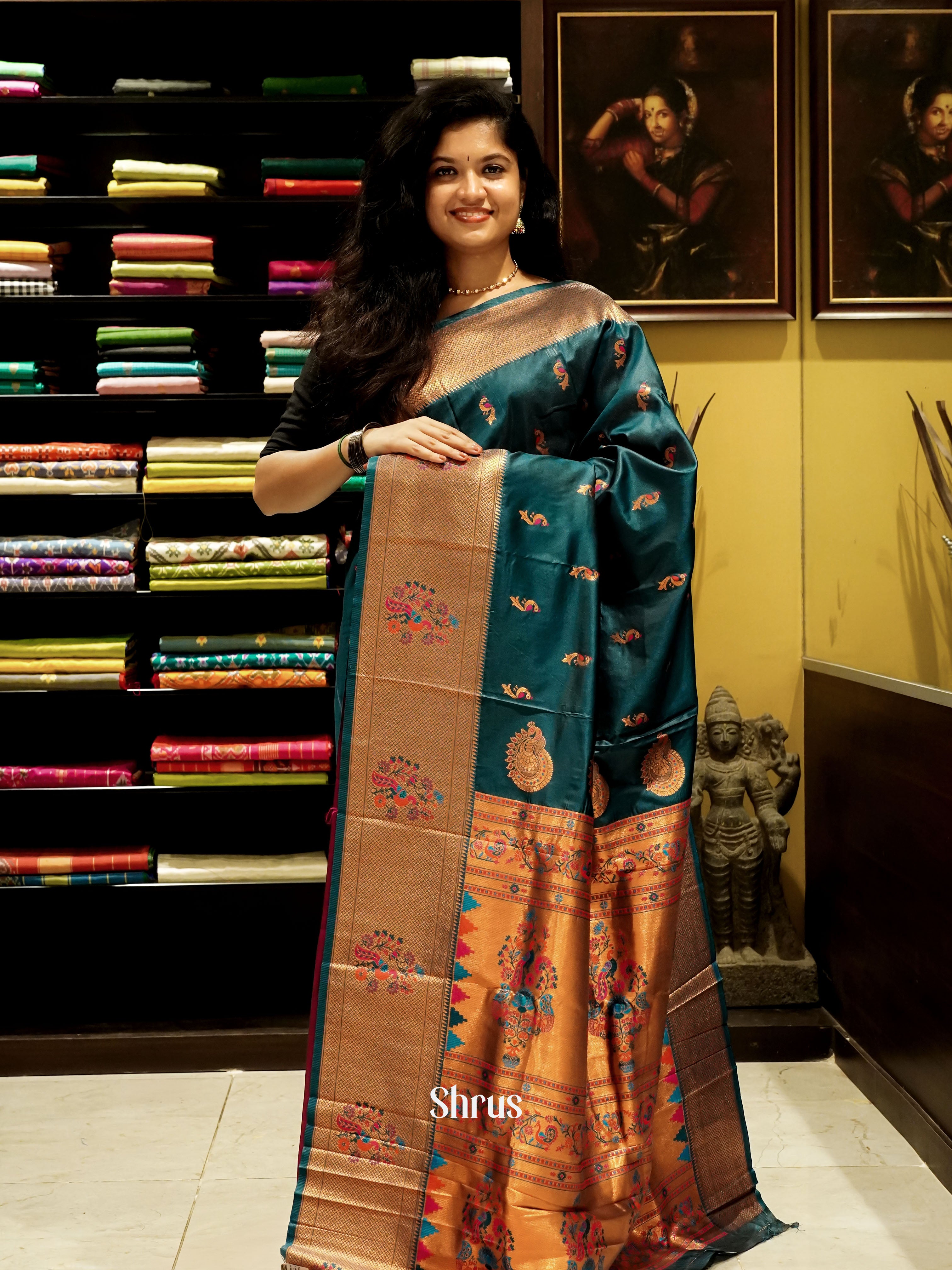 Peacock Green & Pink - Semi Paithani Saree