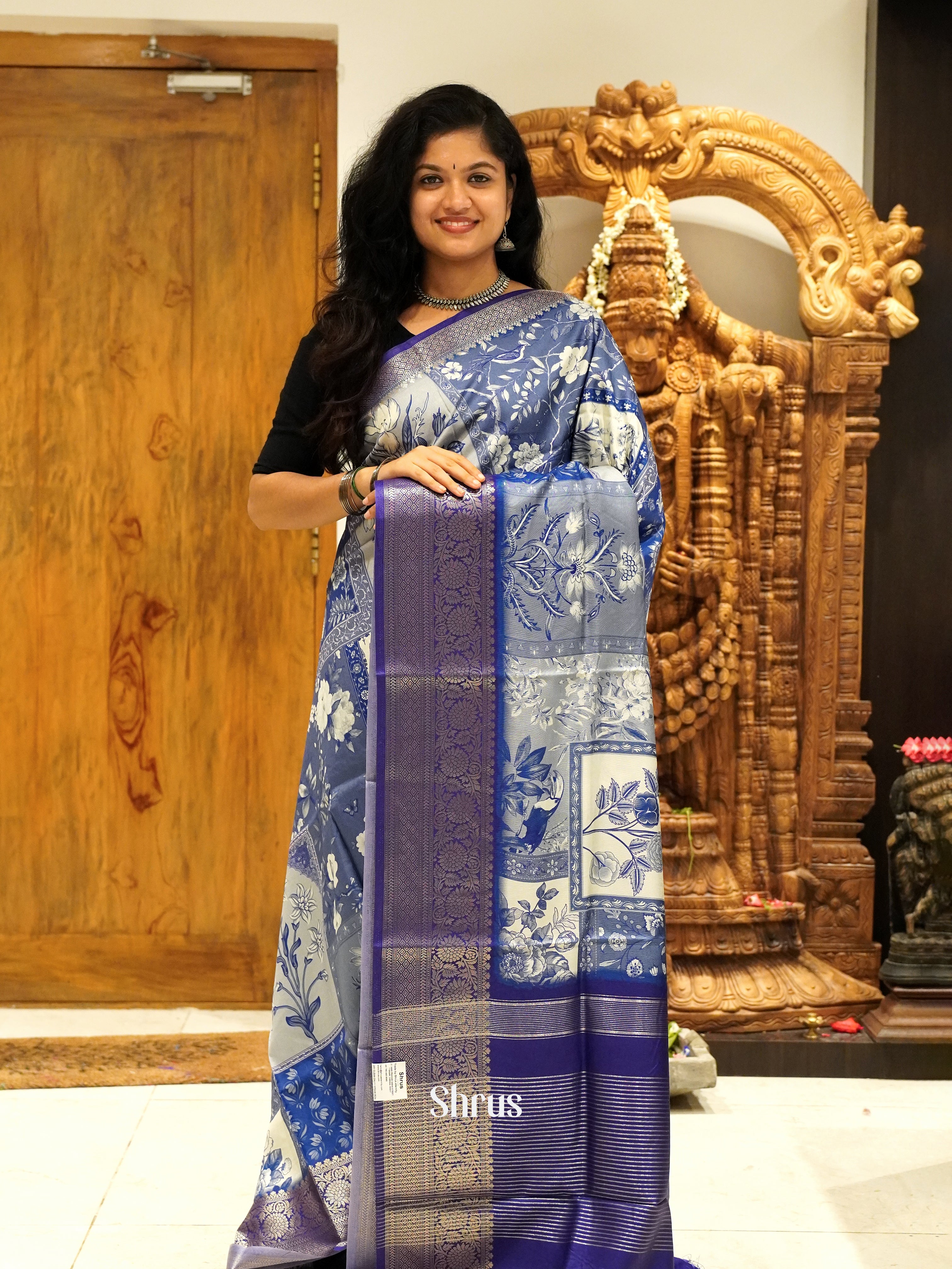 Blue & White  - Semi Crepe Saree