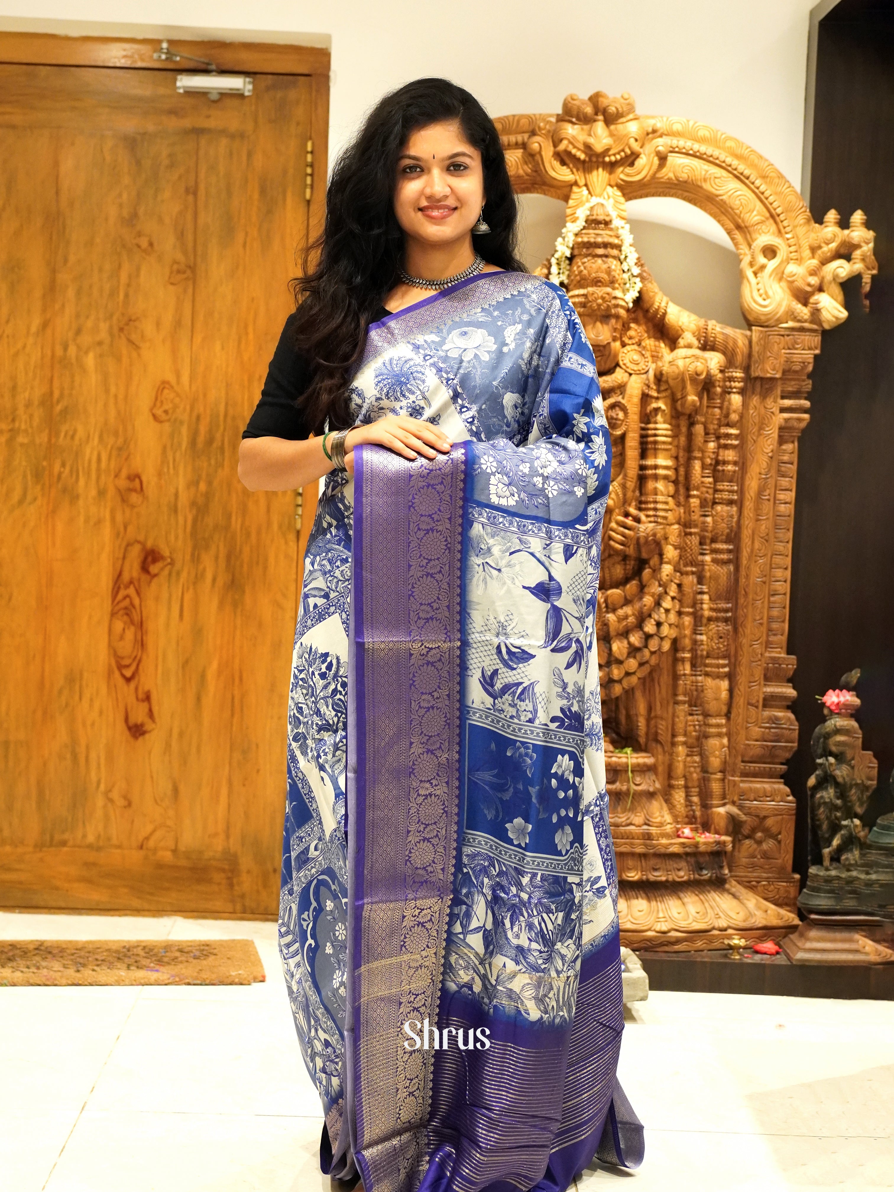 Blue & White - Semi Crepe Saree