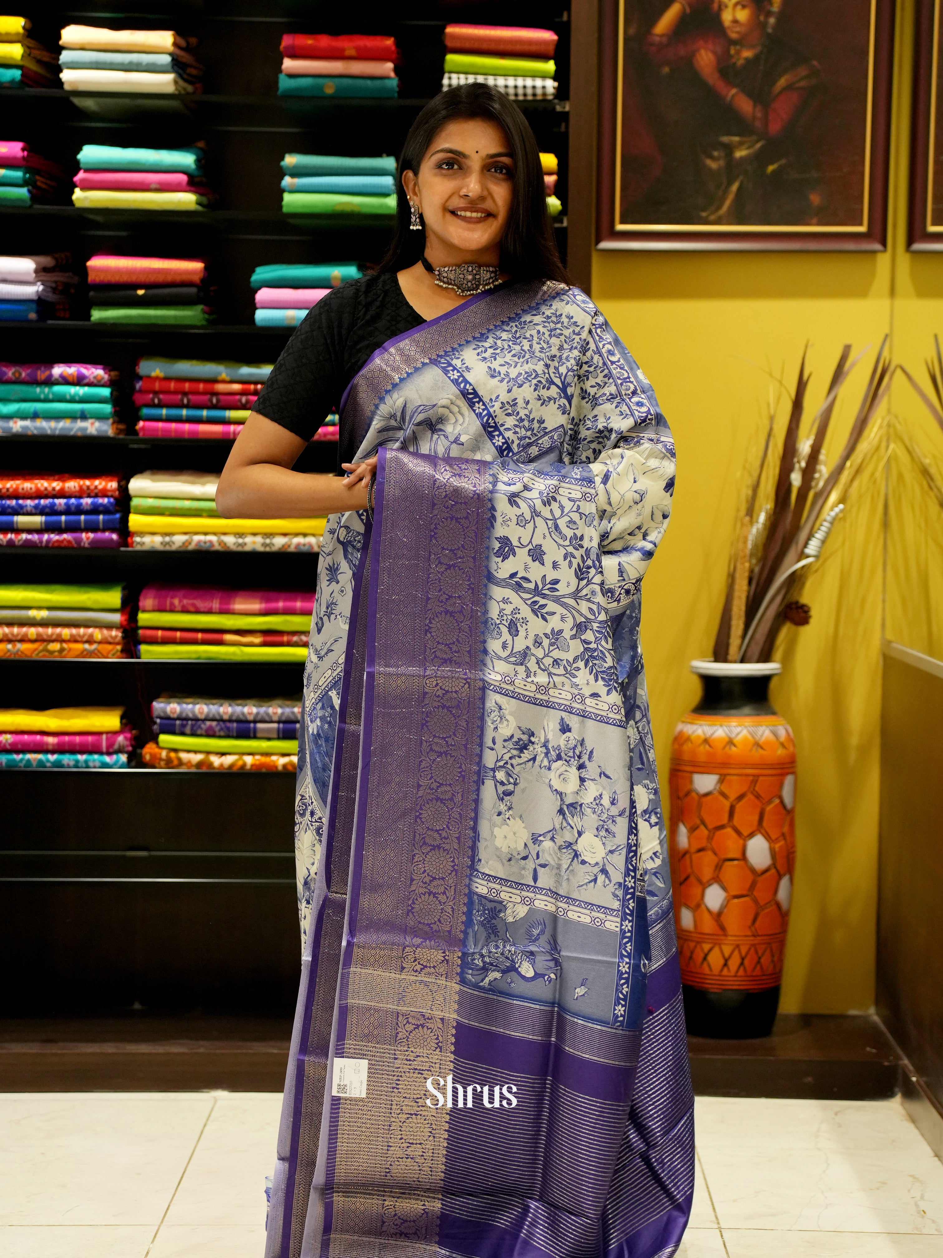 Cream & Blue- Semi Crepe Saree