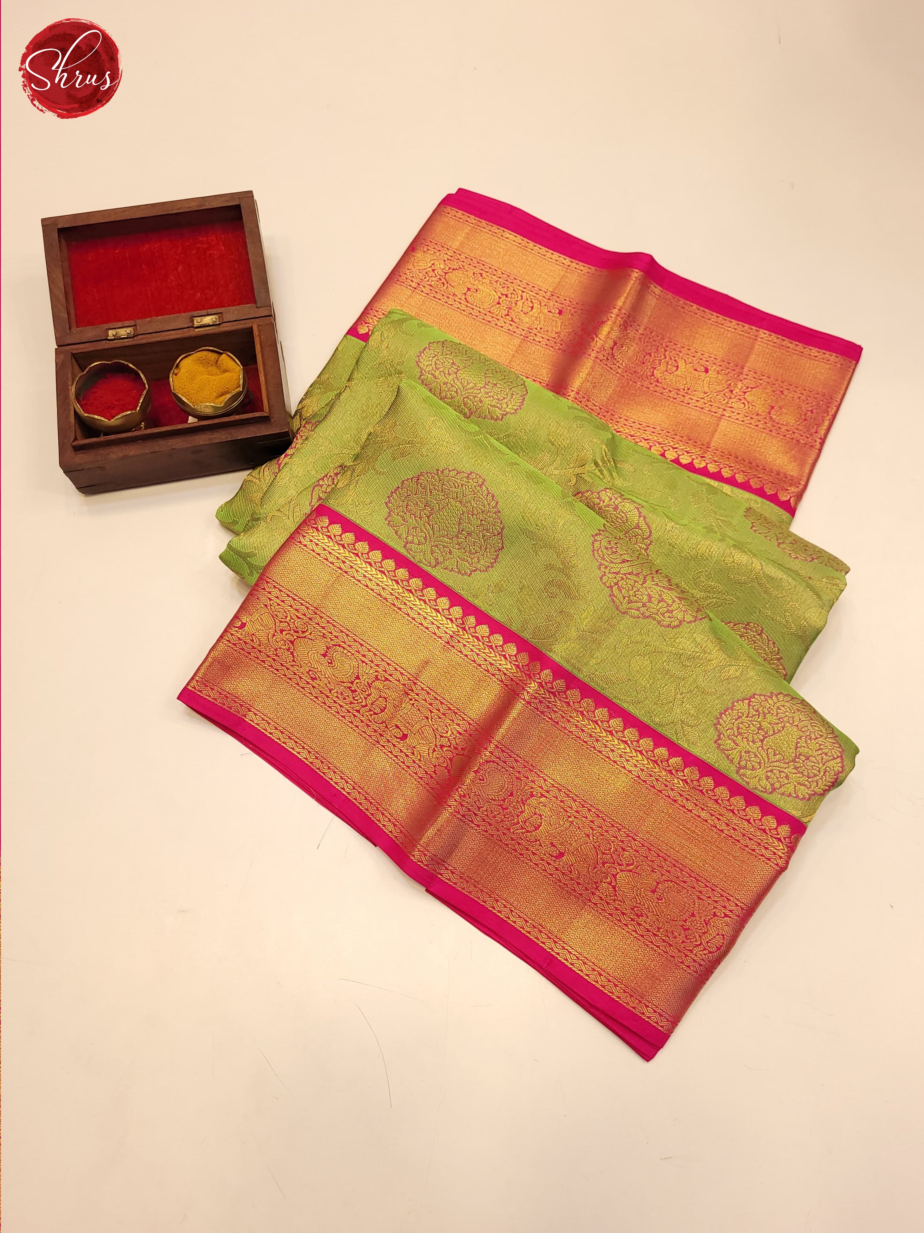 Green and pink-Kanchipuram Silk saree - Shop on ShrusEternity.com