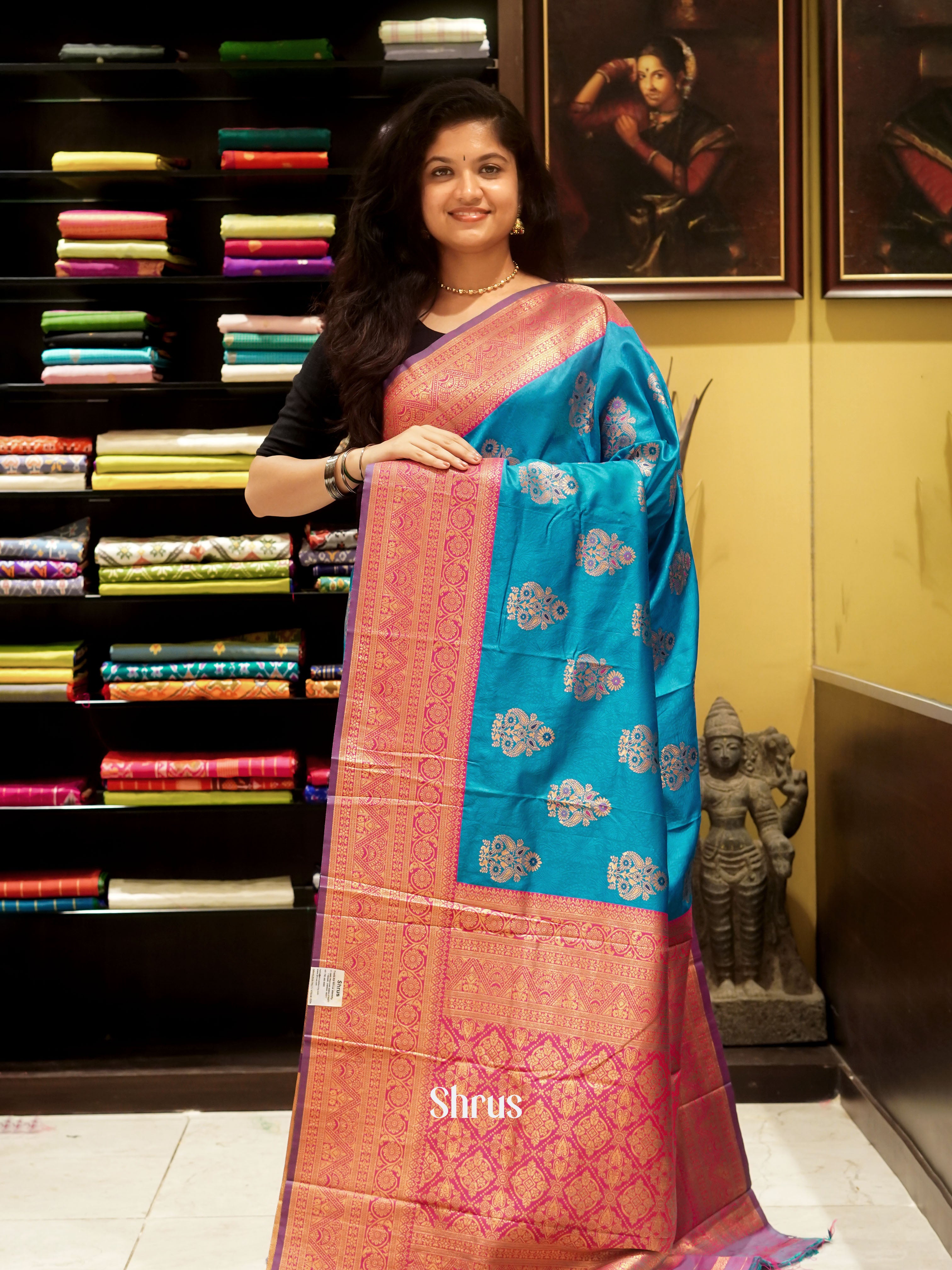 Blue And Pink-Semi Kanchipuram saree