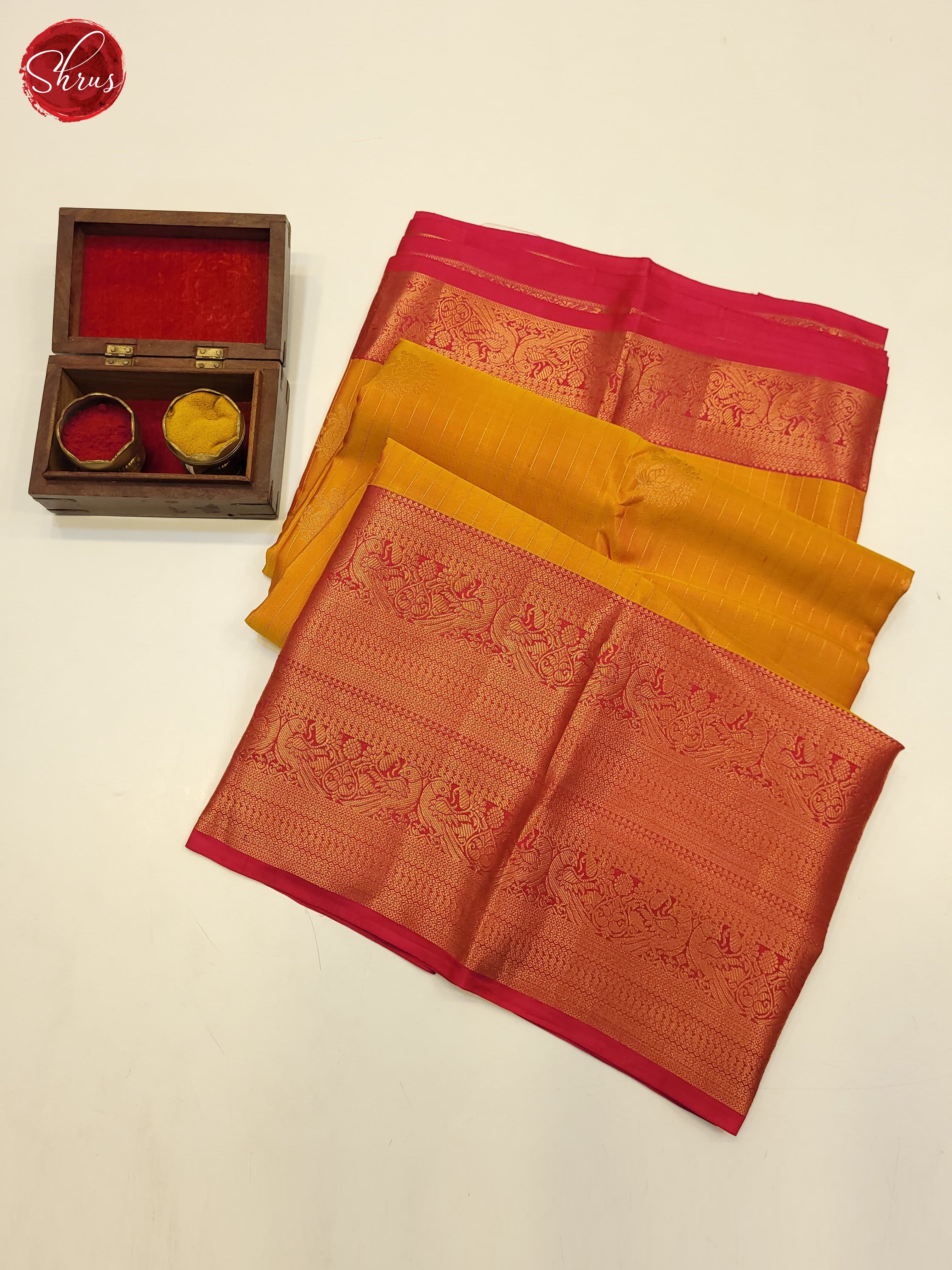 Mustard and pink-Kanchipuram Silk saree - Shop on ShrusEternity.com