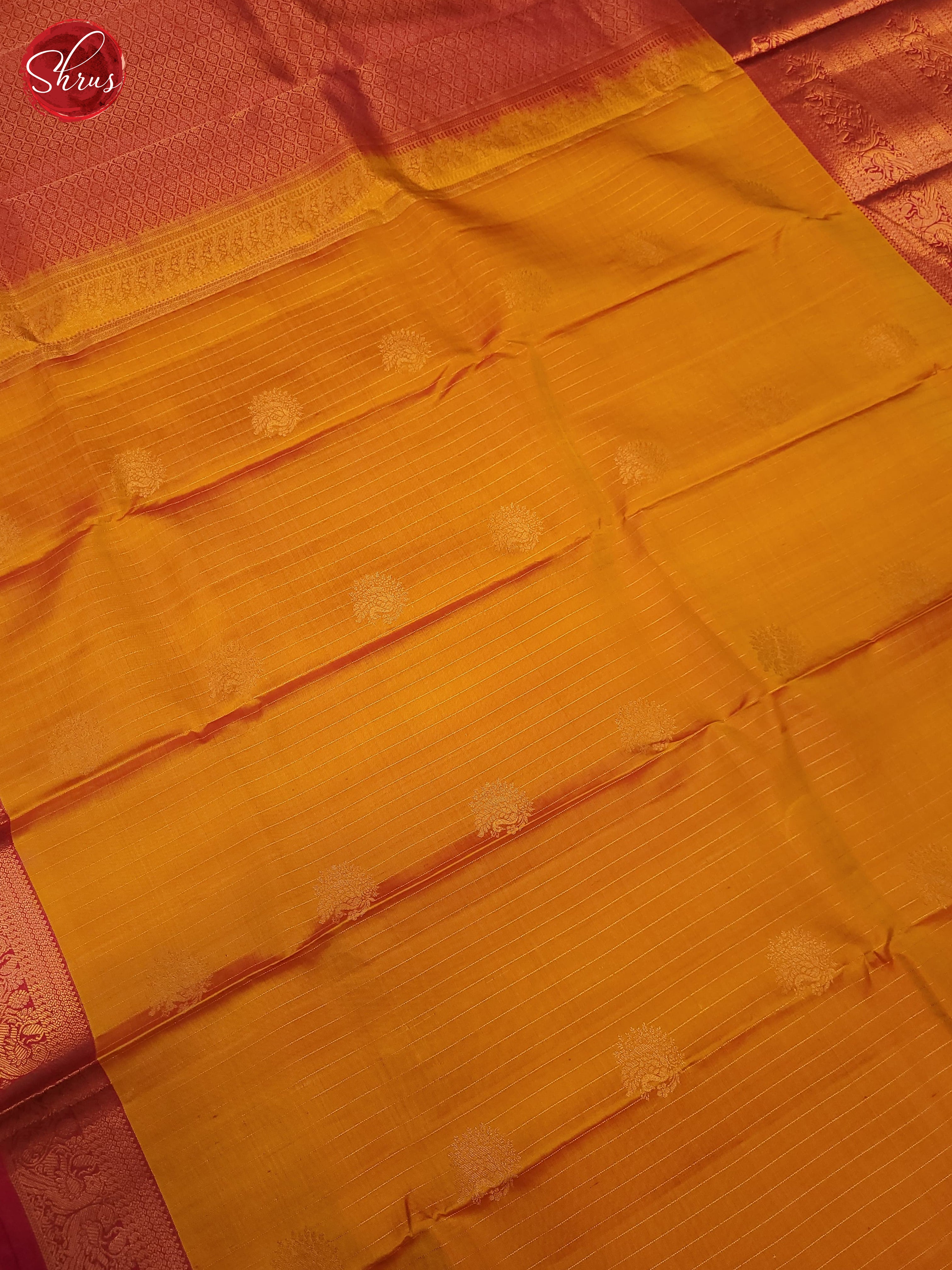 Mustard and pink-Kanchipuram Silk saree - Shop on ShrusEternity.com