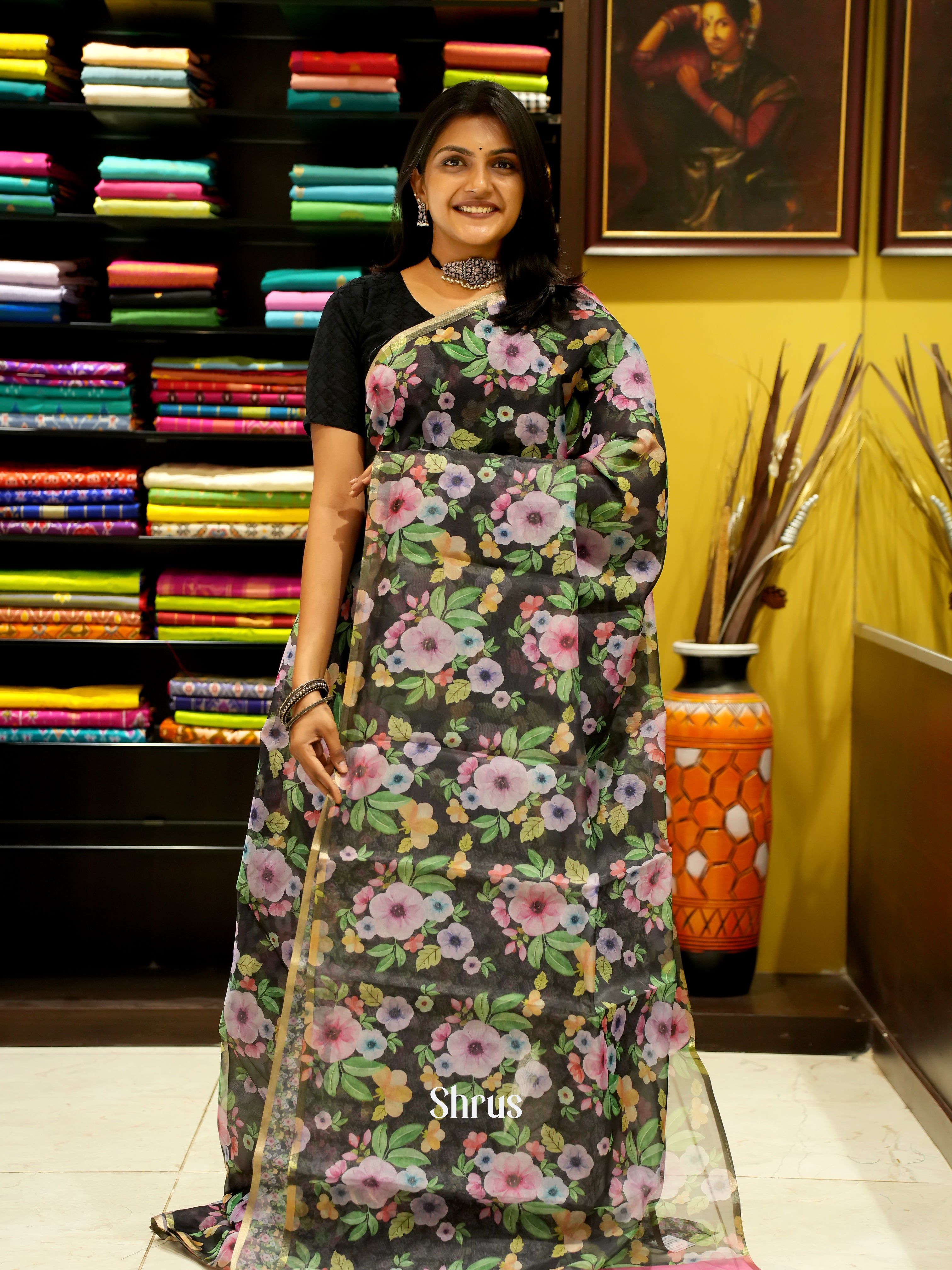 Black &  grey - Semi Organza Saree