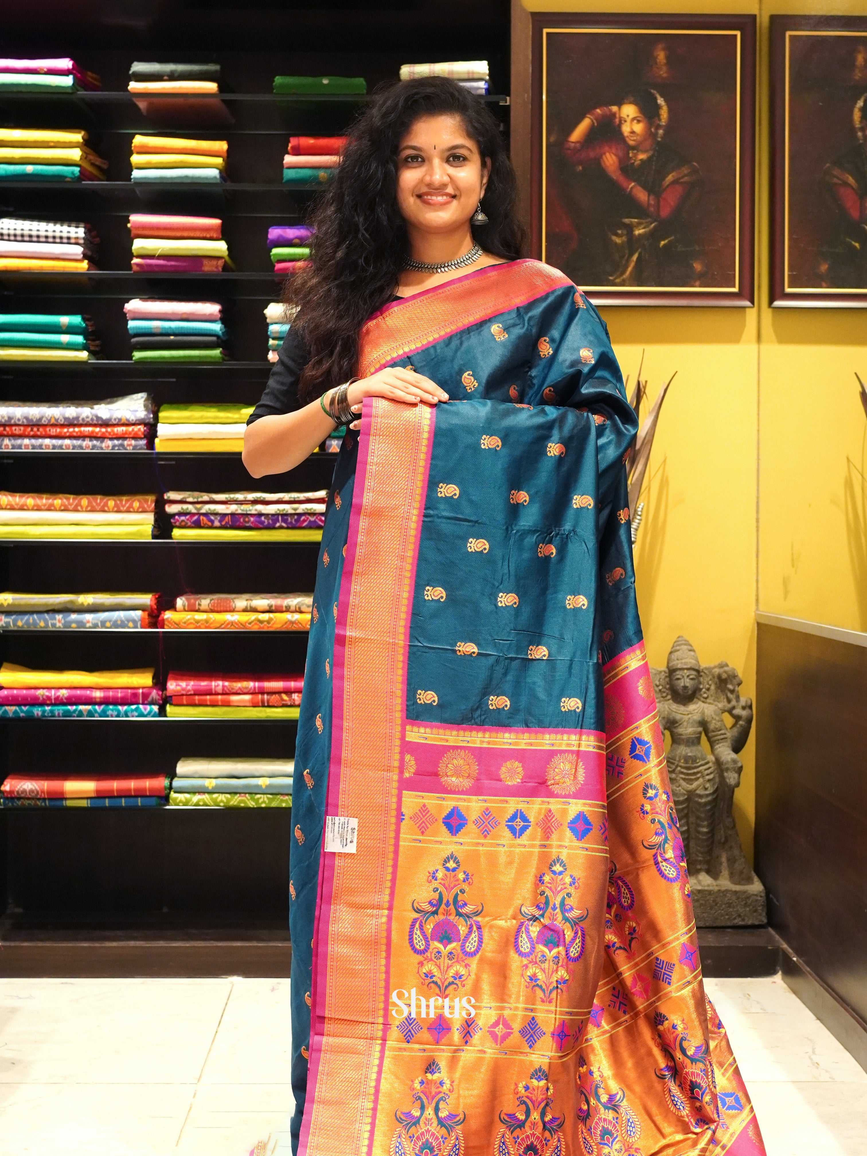 Peacock Blue & Pink - Semi Kanchipuram Saree