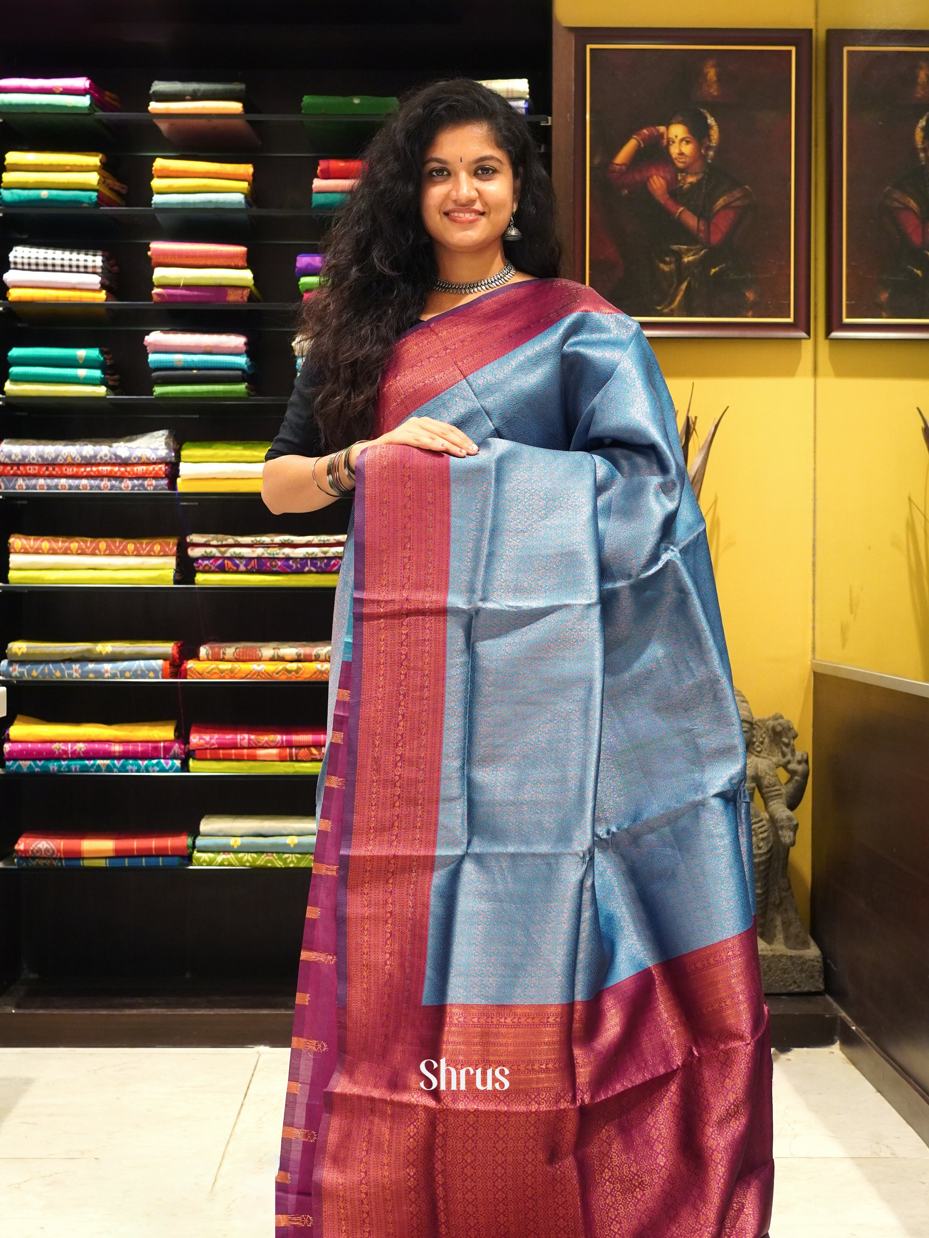 Blue & Maroon - Semi Kanchipuram Saree