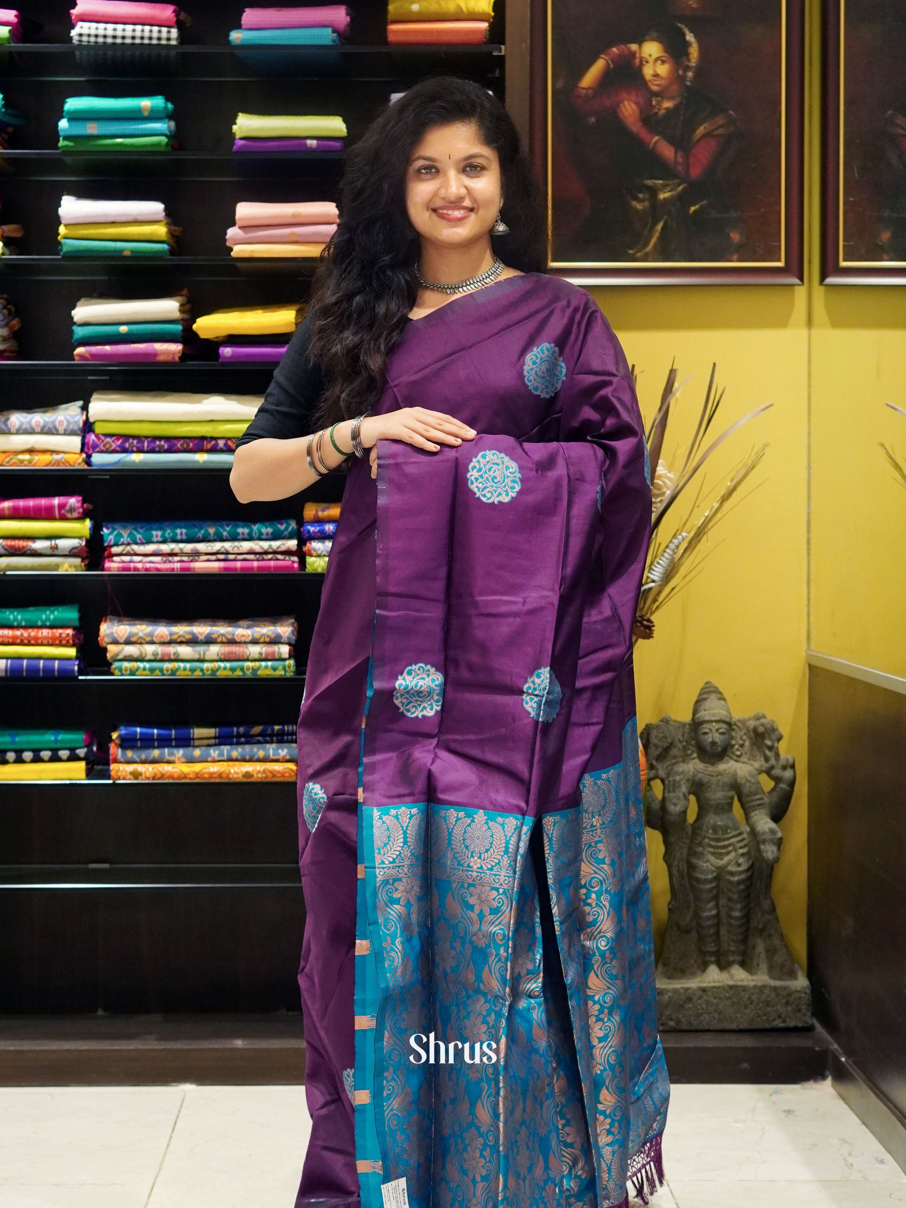 Wine And Blue- Semi Soft Silk Saree