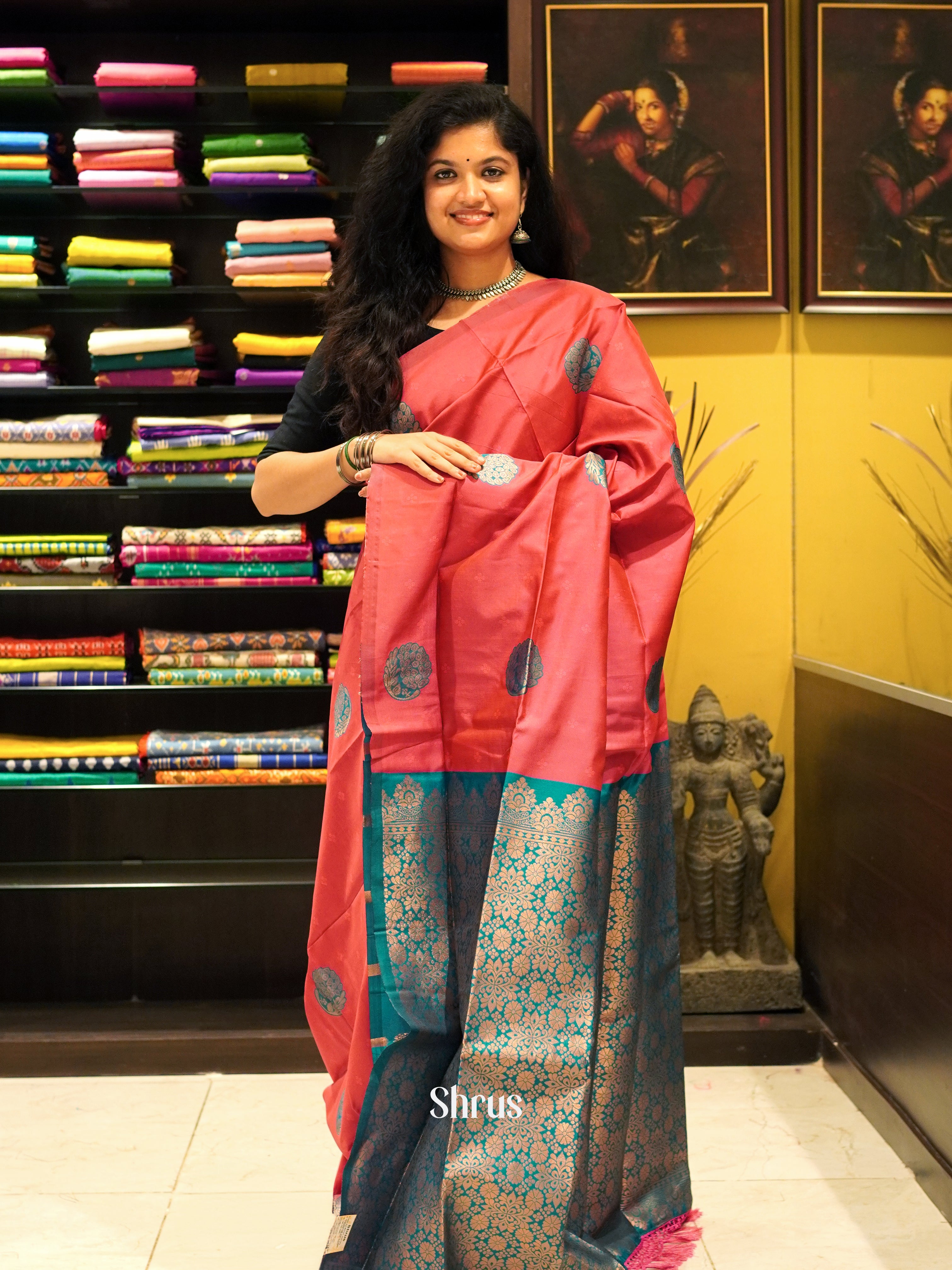 Pink And Peacock Green-Semi soft silk saree