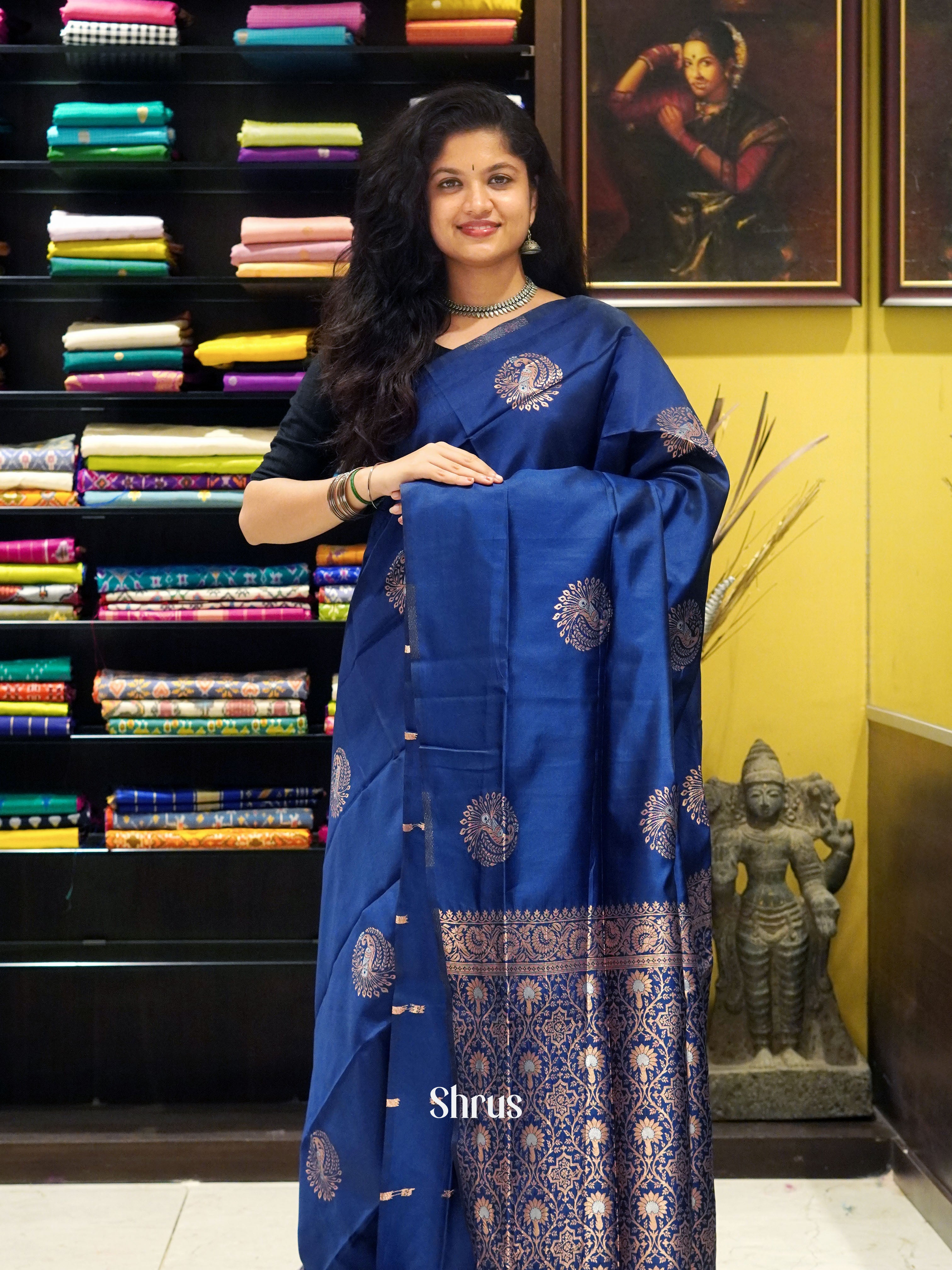 Navy Blue(Single Tone) - Semi Softsilk Saree