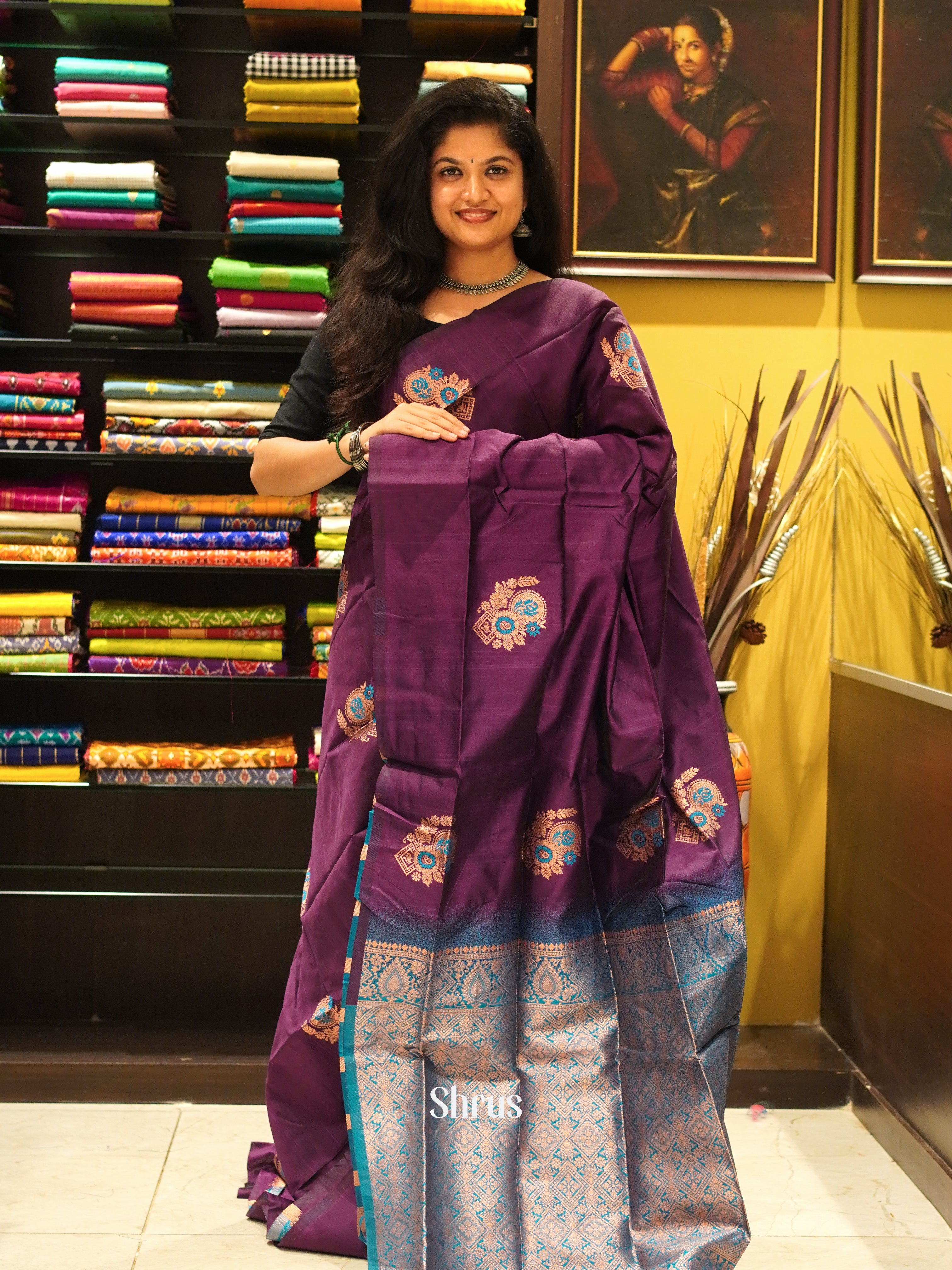 Wine And Blue- Semi soft Silk Saree