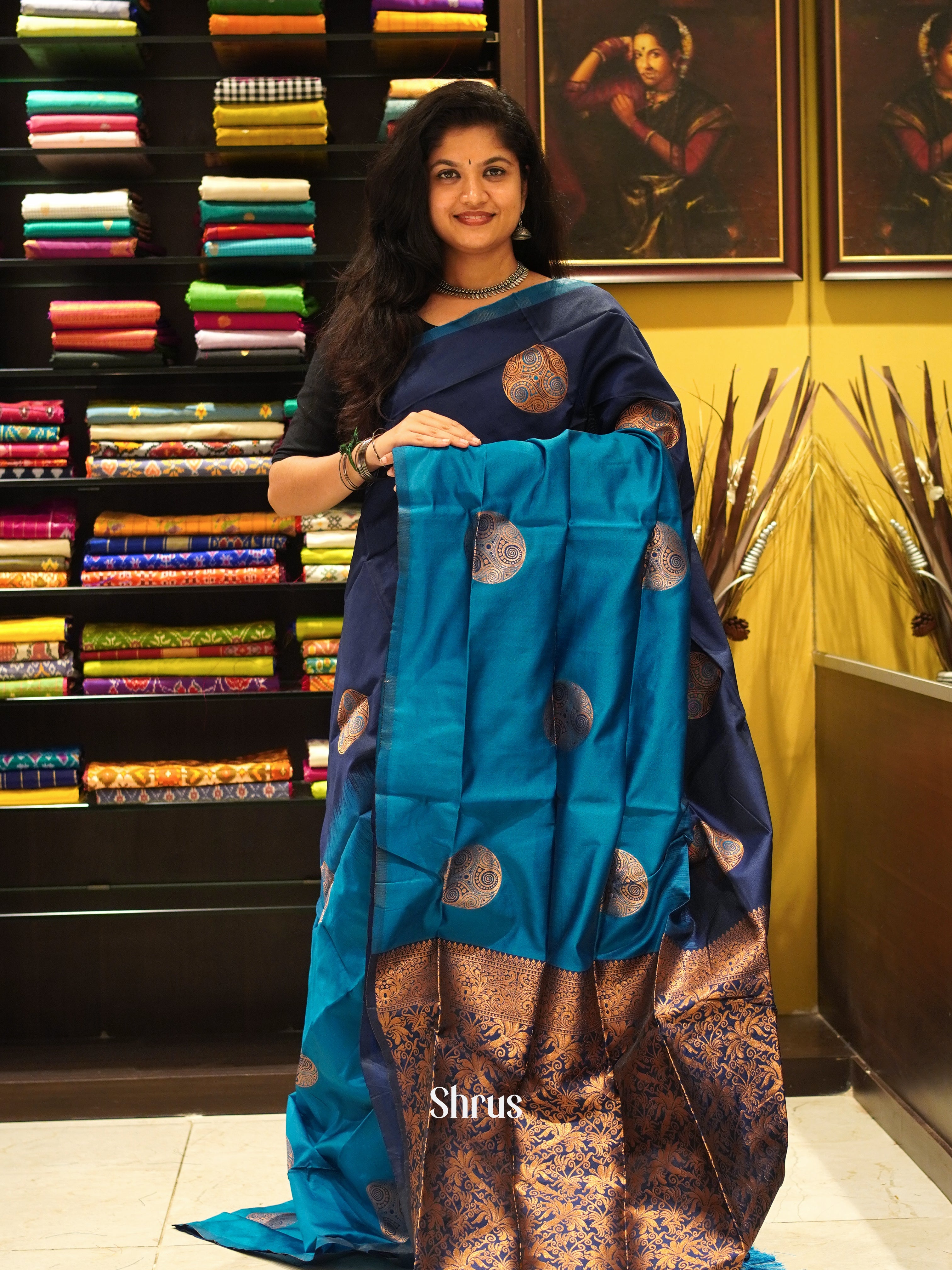 Blue & Navy Blue- Semi Softsilk Saree